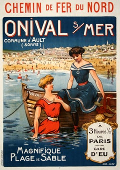 Original Antique Train Poster Onival sur Mer by Lanz c1905