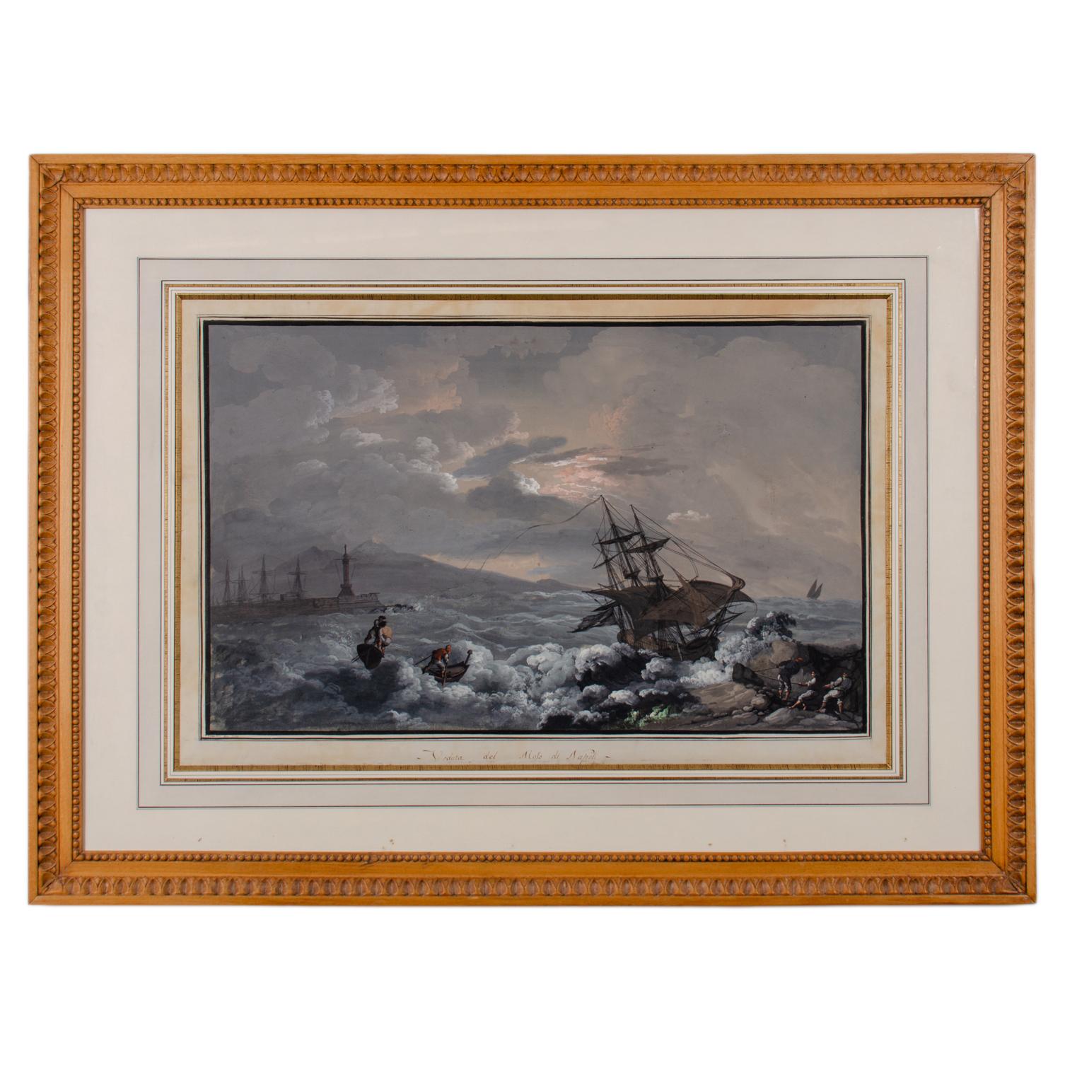 Camillo de Vito
(Italian, active 1794-1845)

Veduta del Molo di Napoli (view from the Naples pier), circa 1820s.

A gouache on paper depicting a sailing ship with men battling turbulent waters to moor a ship in distress in the port of Naples with