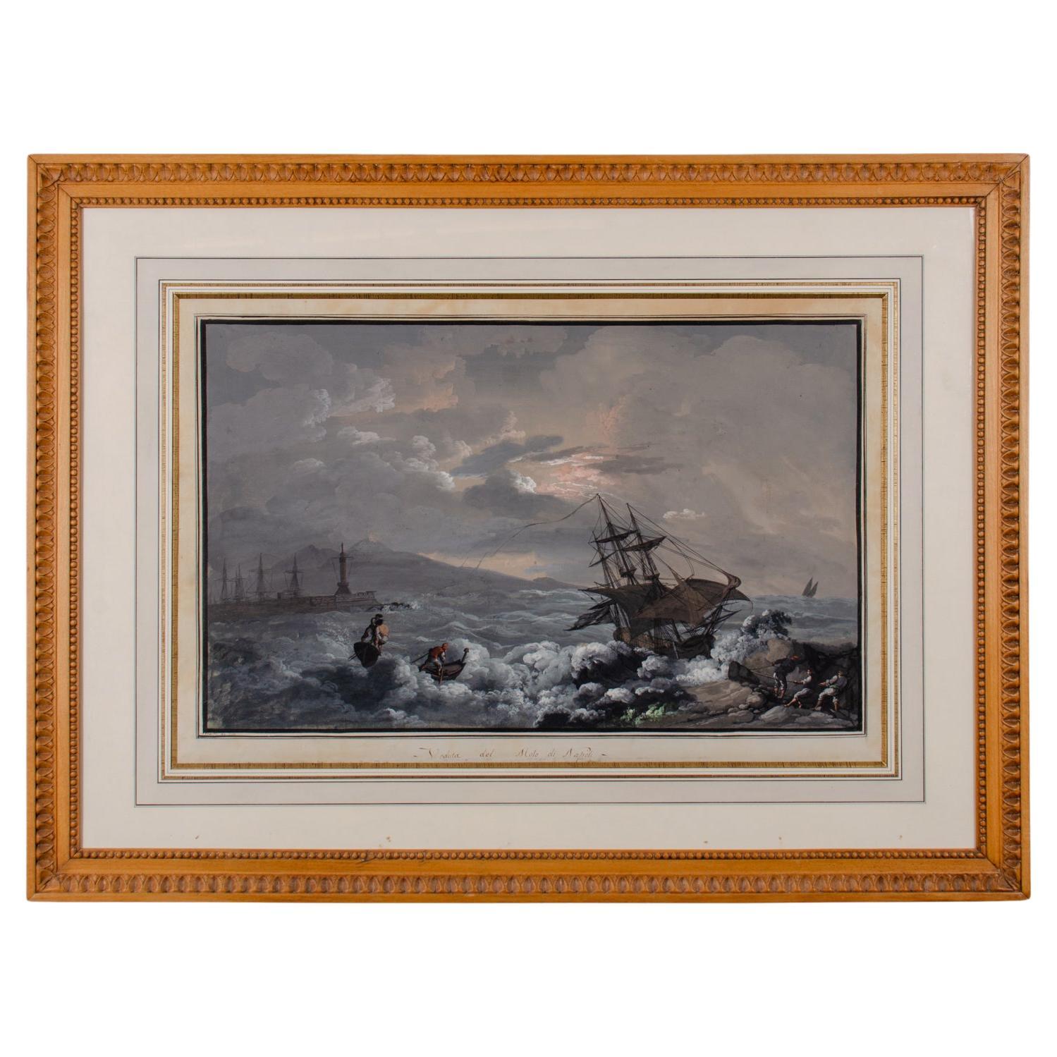 Camillo de Vito, Vista desde el muelle de Nápoles, aguada, hacia 1820