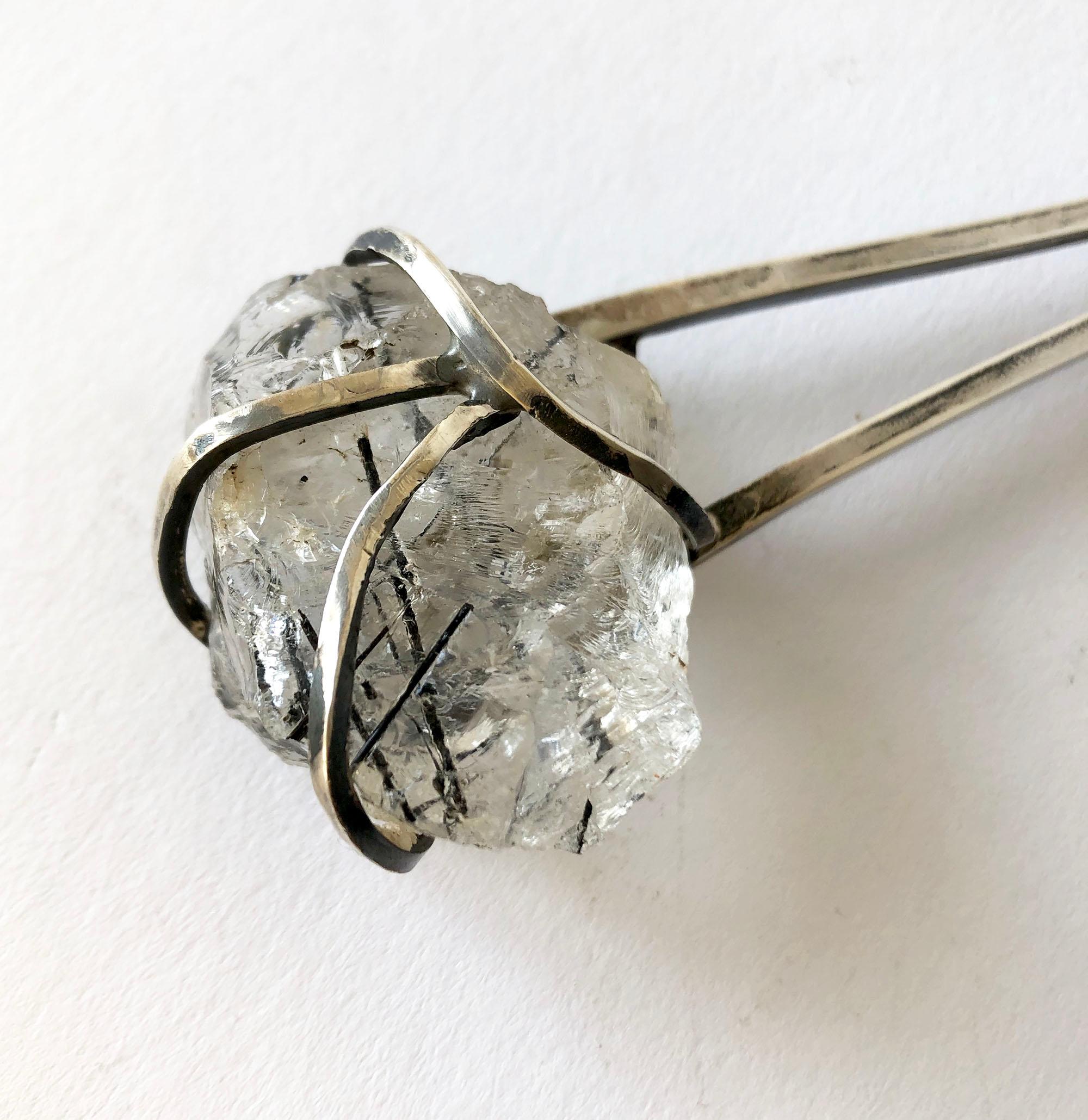 Sterling silver cocktail stirrer with large rutilated quartz stone created by Adda Husted-Andersen of Copenhagen, Denmark. Stirrer measures 1.75