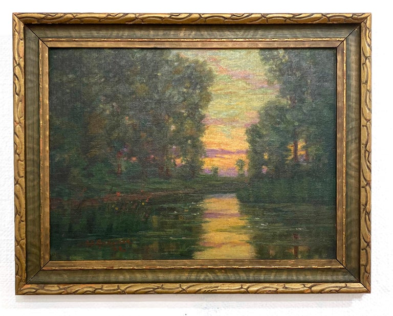 Antique American Impressionist Tonalist Oil Painting Sunset Early dated 1920  - Black Landscape Painting by Addie F. Anderson 