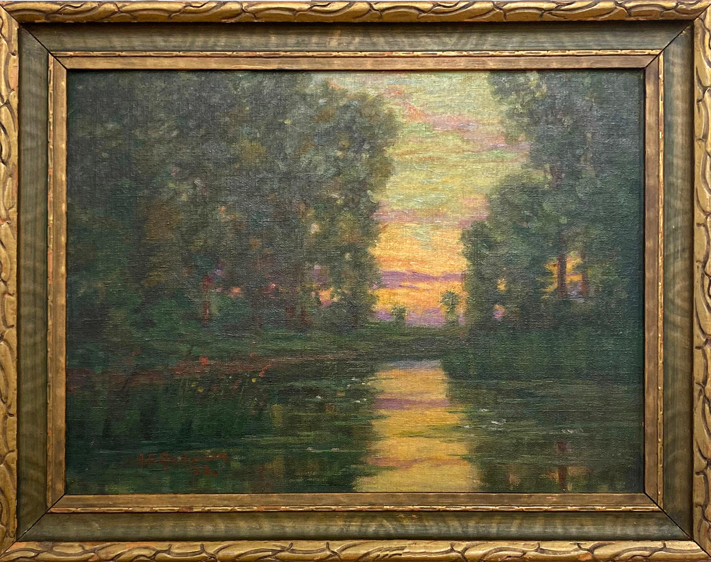 Addie F. Anderson  Landscape Painting - Antique American Impressionist Tonalist Oil Painting Sunset Early dated 1920 