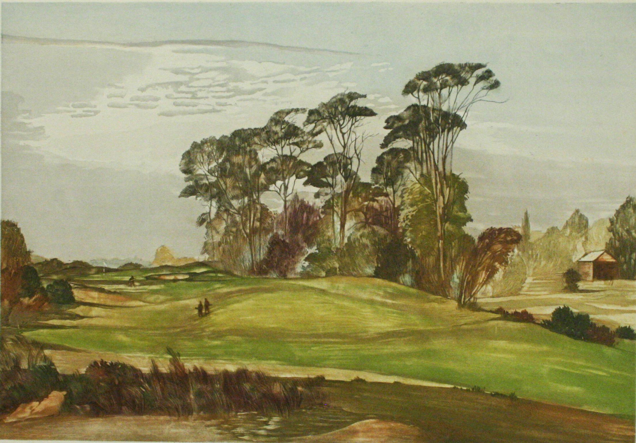 A signed golf picture of 'Addington' looking towards the 4th green by Ernest Greenwood.
This is one of a series of aquatints of golf courses published at the time by Fores. The artist was born in 1913 and studied at the Gravesend School of Art