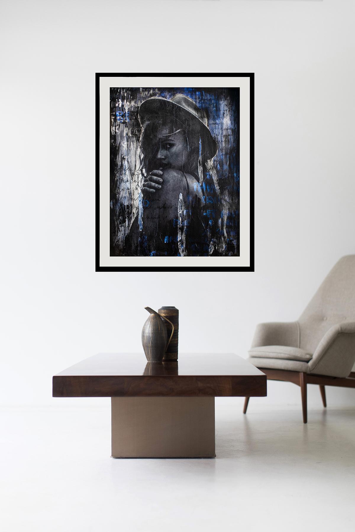 Schwarz-blaues Porträtgemälde, Street Art, Porträtkunst-Come With Me 0220 – Painting von Addison Jones