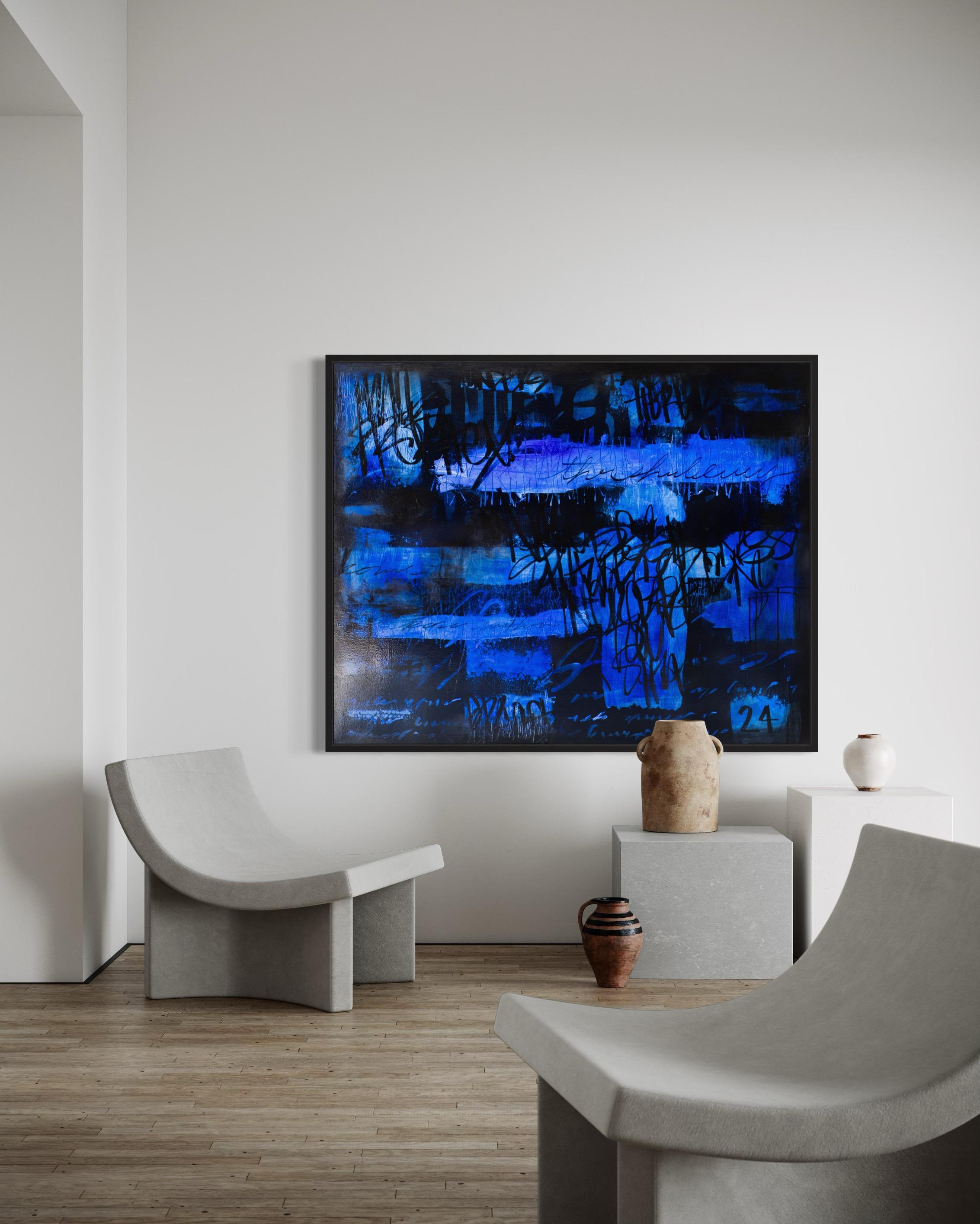 „Leveling up“, modernes blaues Gemälde – Painting von Addison Jones