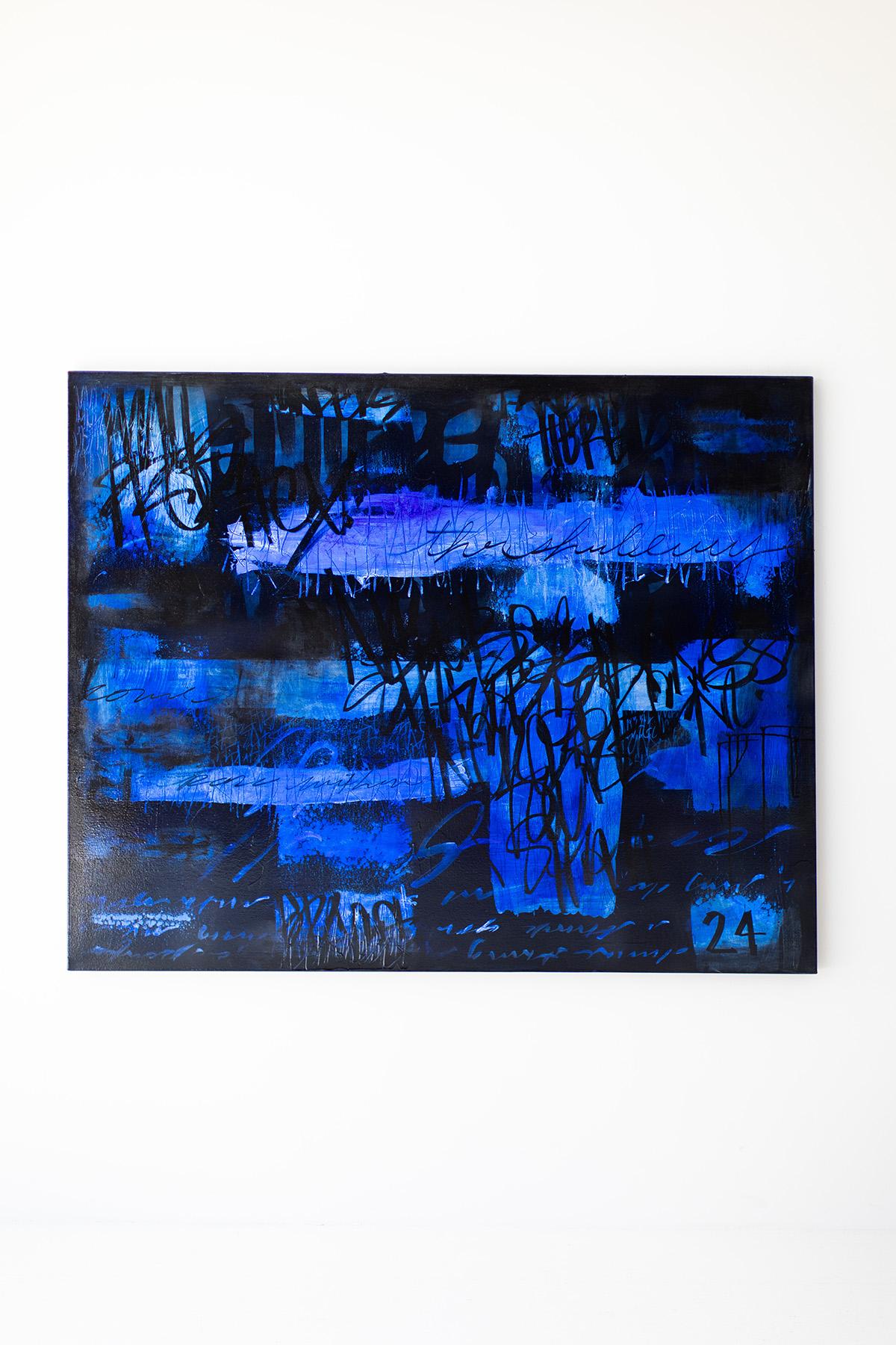 „Leveling up“, modernes blaues Gemälde im Angebot 2