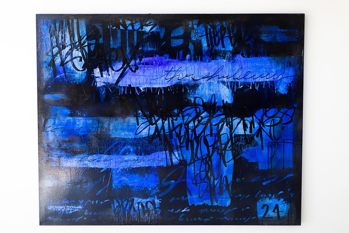 Addison Jones Abstract Painting – „Leveling up“, modernes blaues Gemälde