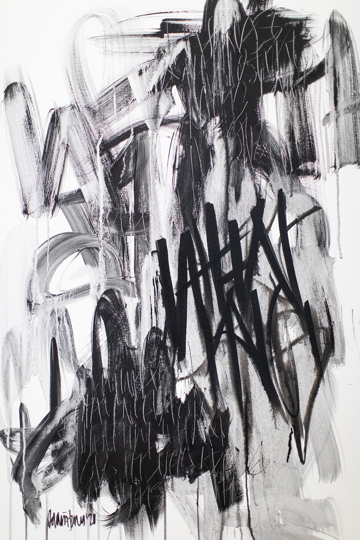 Contemporary Art, Black and White Painting, Graffiti Art-What - Gray Abstract Painting by Addison Jones