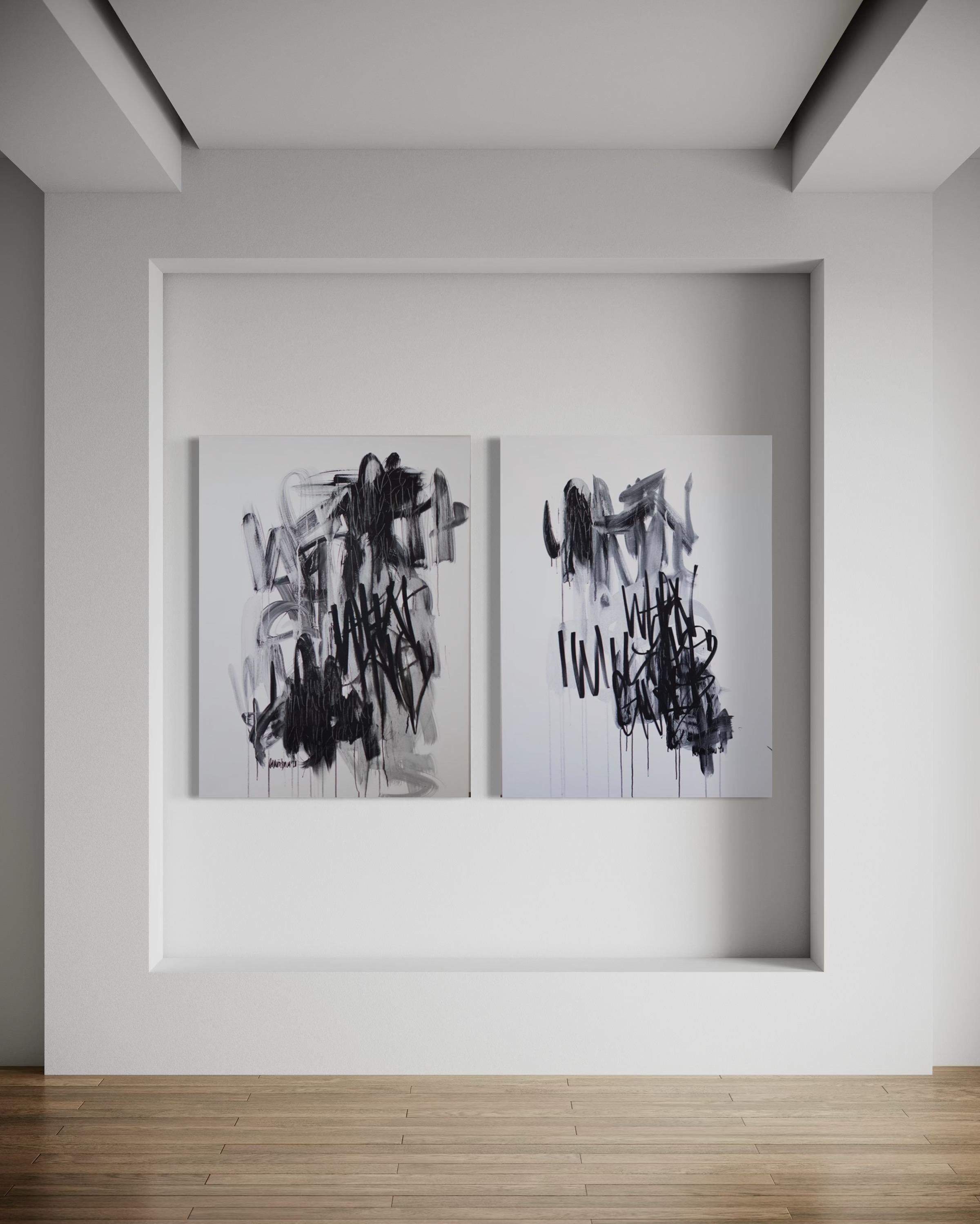 Coppia di opere d'arte contemporanea in bianco e nero, pittura in bianco e nero, arte dei graffiti in vendita 7