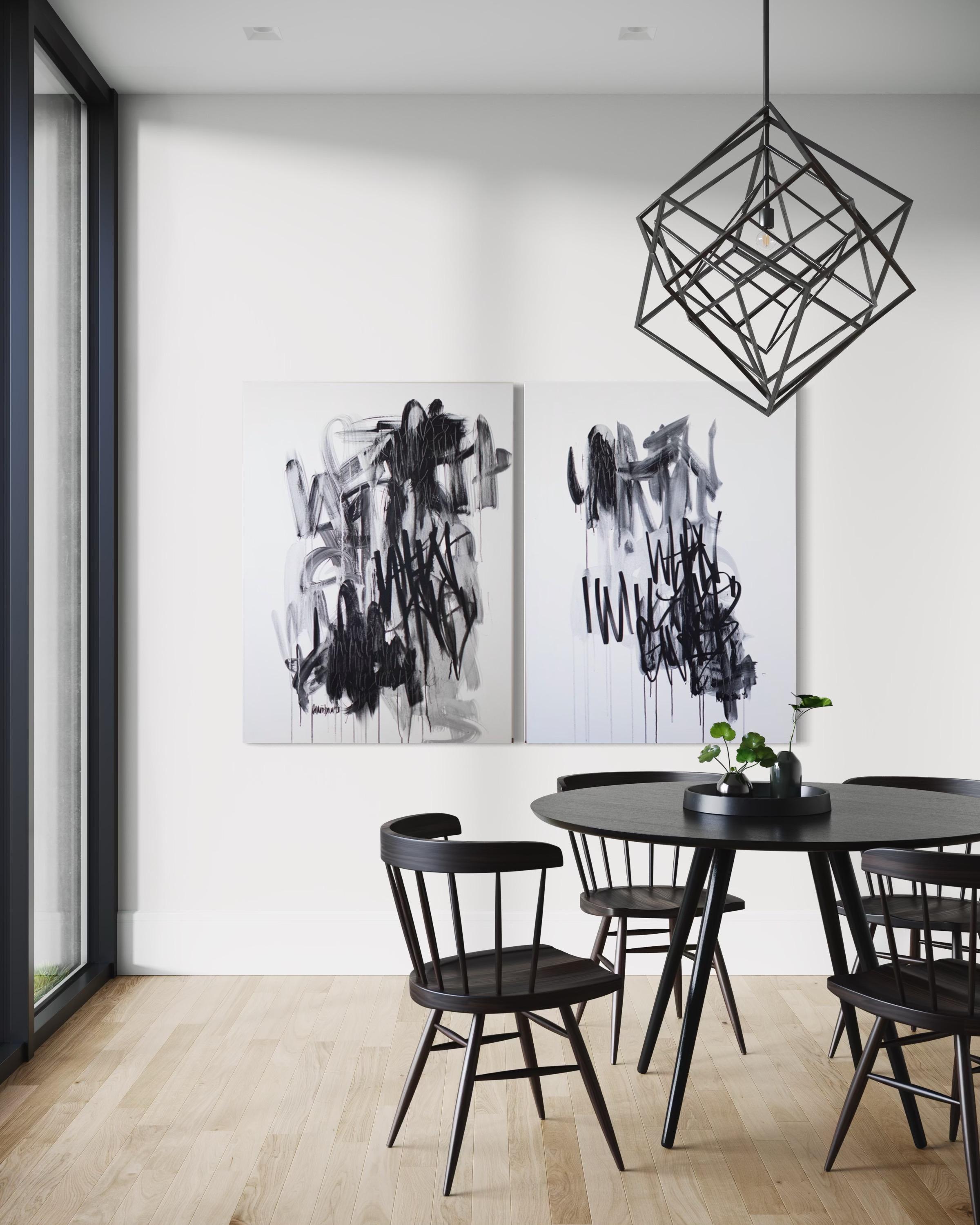 Coppia di opere d'arte contemporanea in bianco e nero, pittura in bianco e nero, arte dei graffiti in vendita 2