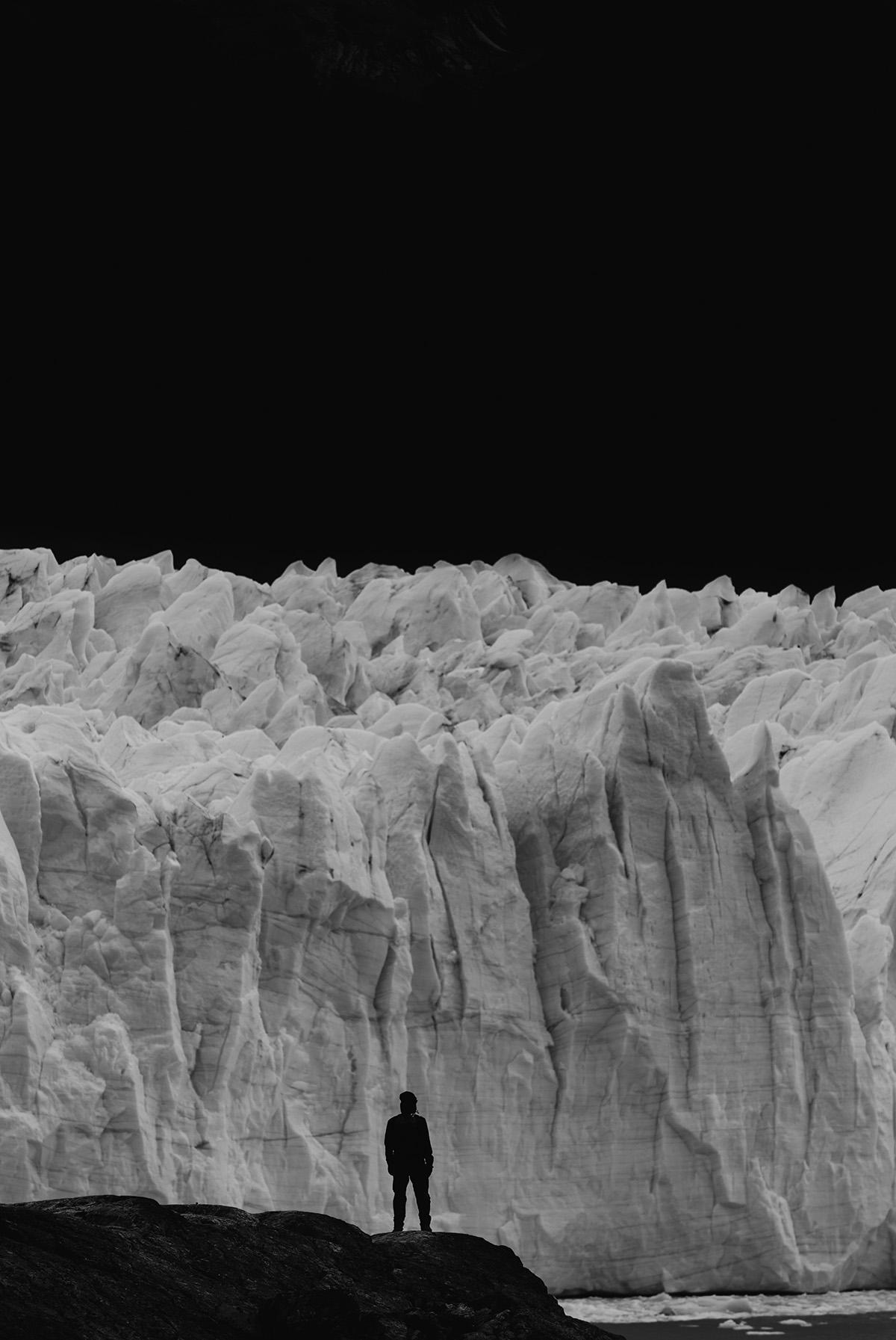 Gravure en noir et blanc, Photographie de paysage, Gravures sur glacier-Mur de glace et de silence