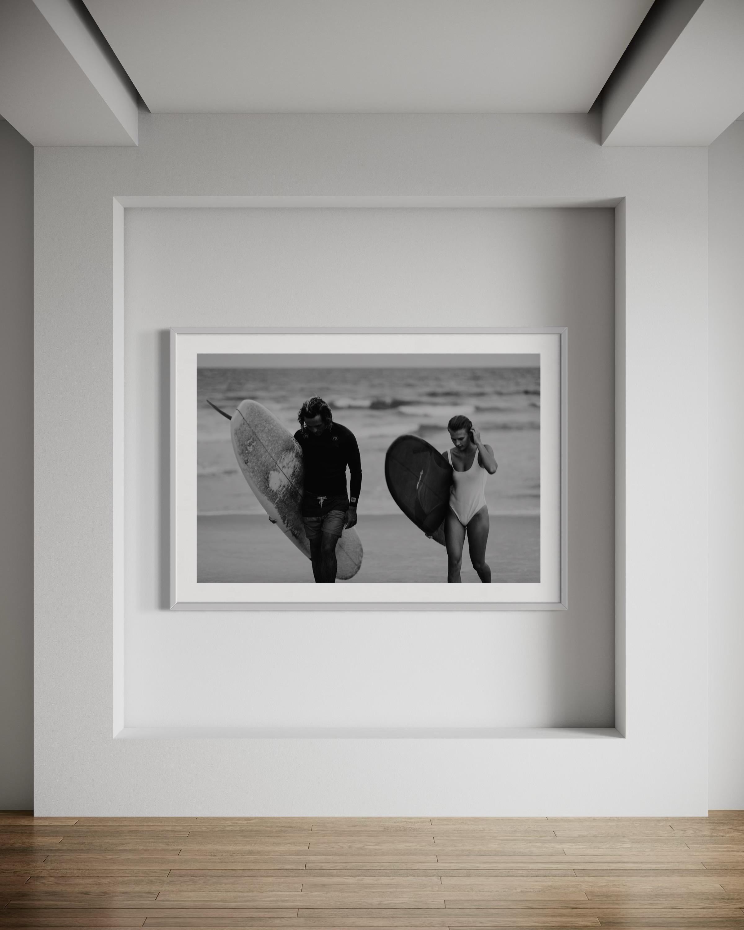 Contemporary Art, Surfers with Surfboards on a Beach-Oceanside Trist 914 - Gray Portrait Print by Addison Jones