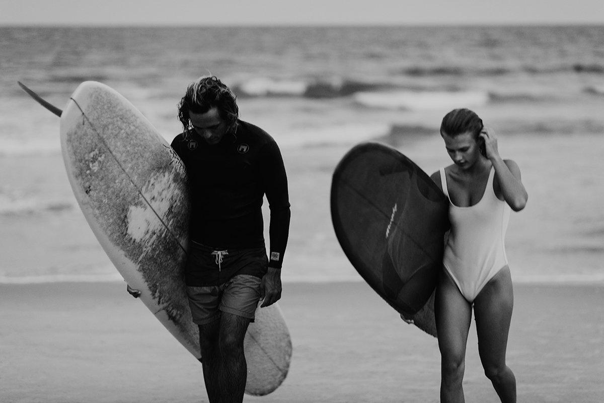 Addison Jones Portrait Print - "Oceanside Trist, Surfer Beach Photo, Surfers with Surfboards