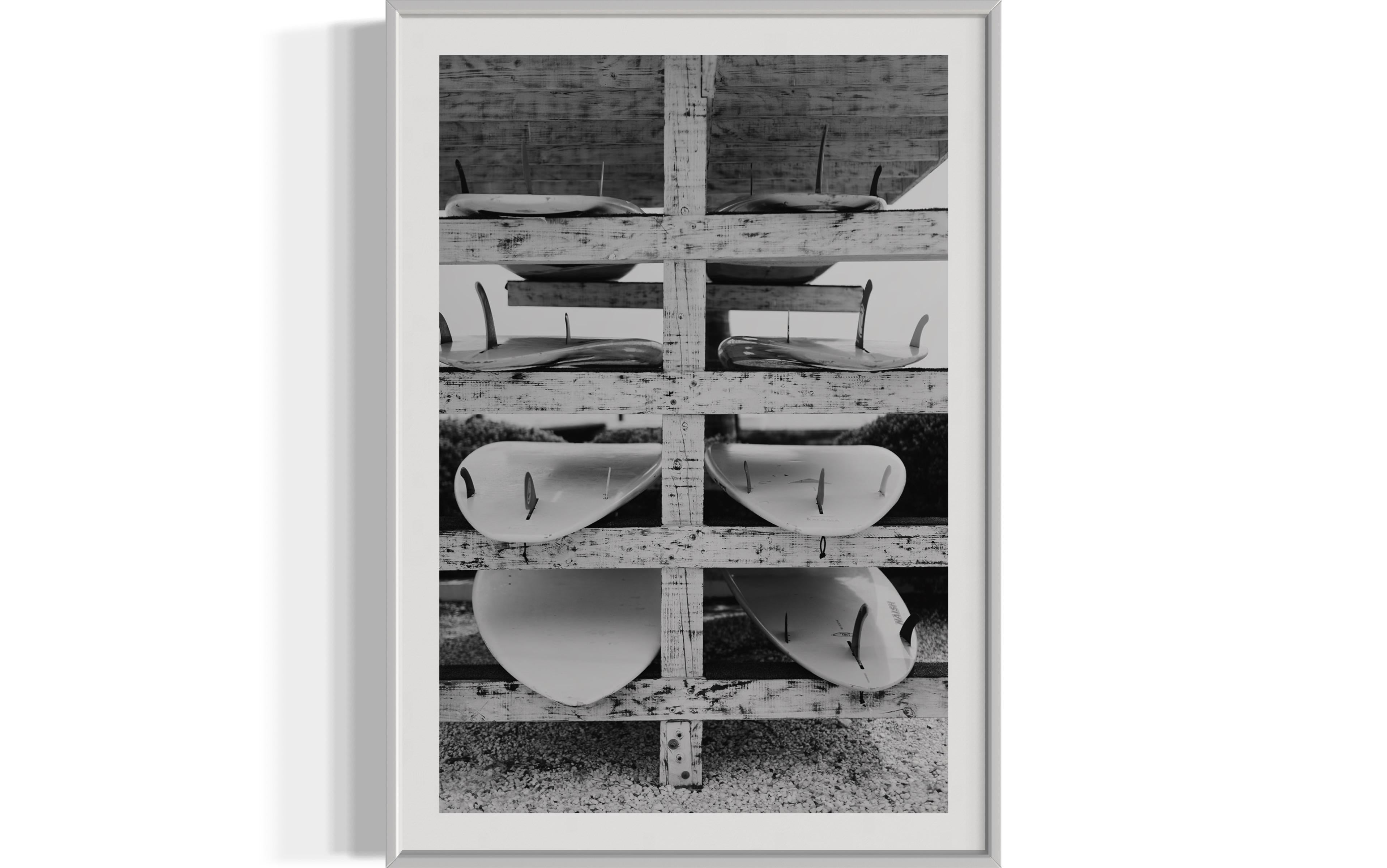 Surfboard Photography, Beach Prints, Coastal Photography-Surf School - Gray Landscape Print by Addison Jones