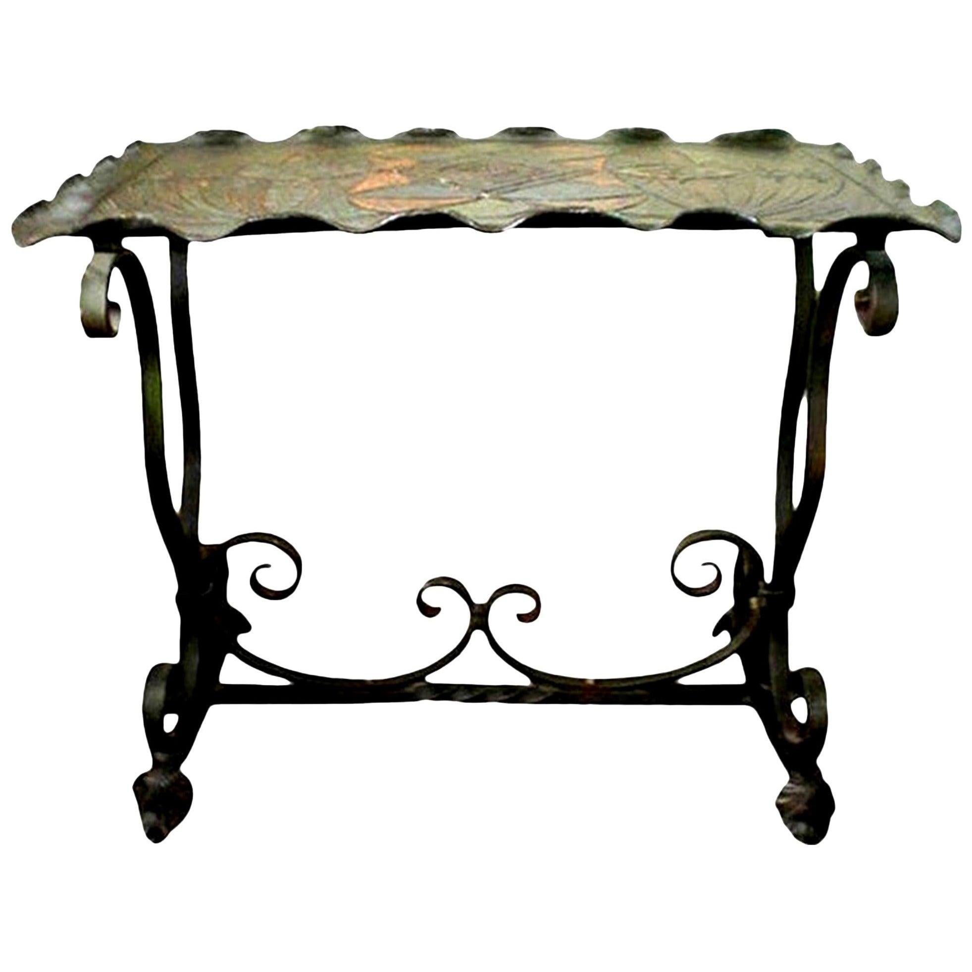Vintage Wrought Iron Arts and Crafts Glass Top Art Nouveau Coffee Table