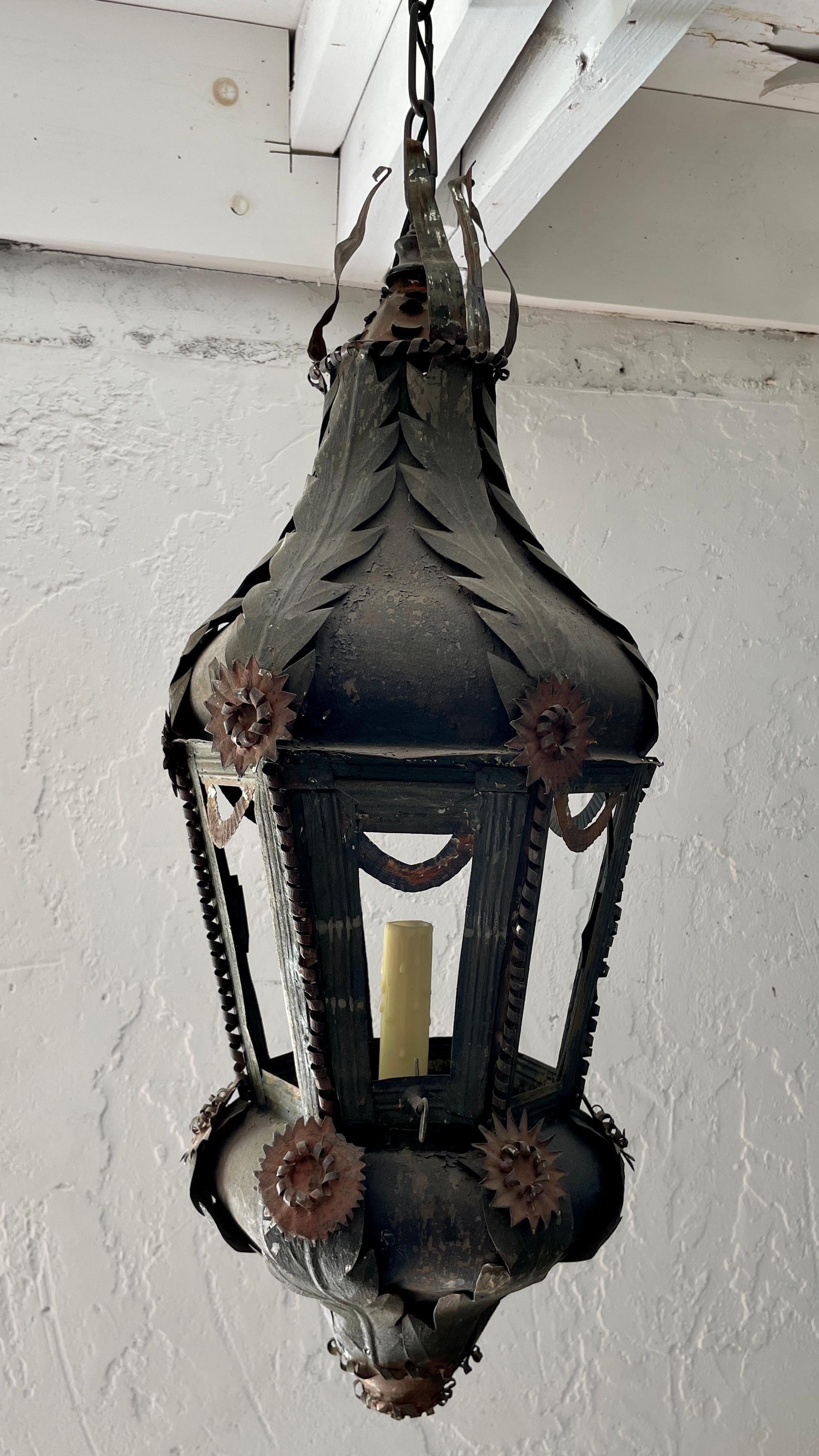 Classic vintage Addison Mizner designed ceiling lantern. Great carving side and flower details.