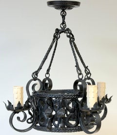 Addison Mizner Style Spanish Colonial Wrought Iron Four-Light Chandelier
