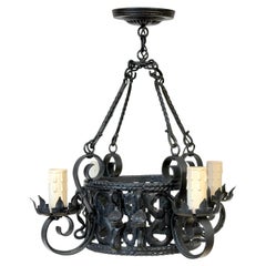 Addison Mizner Style Spanish Colonial Wrought Iron Four-Light Chandelier