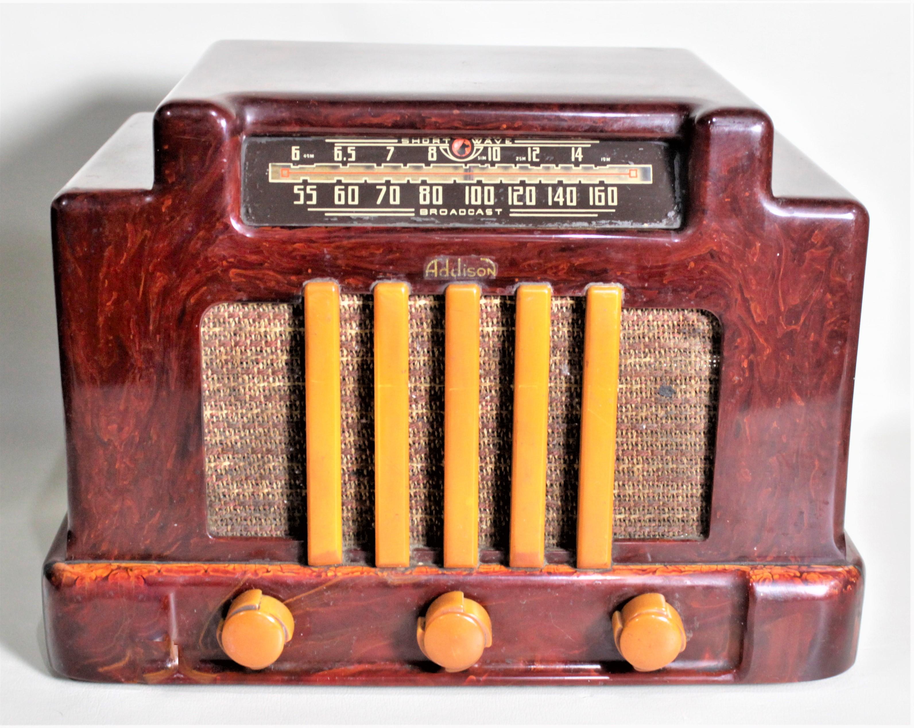 This Art Deco styled vintage tube radio was made by the Addison Industries Ltd. of Canada in approximately 1939. This is Addison's Model 5D, otherwise known as the 'Courthouse