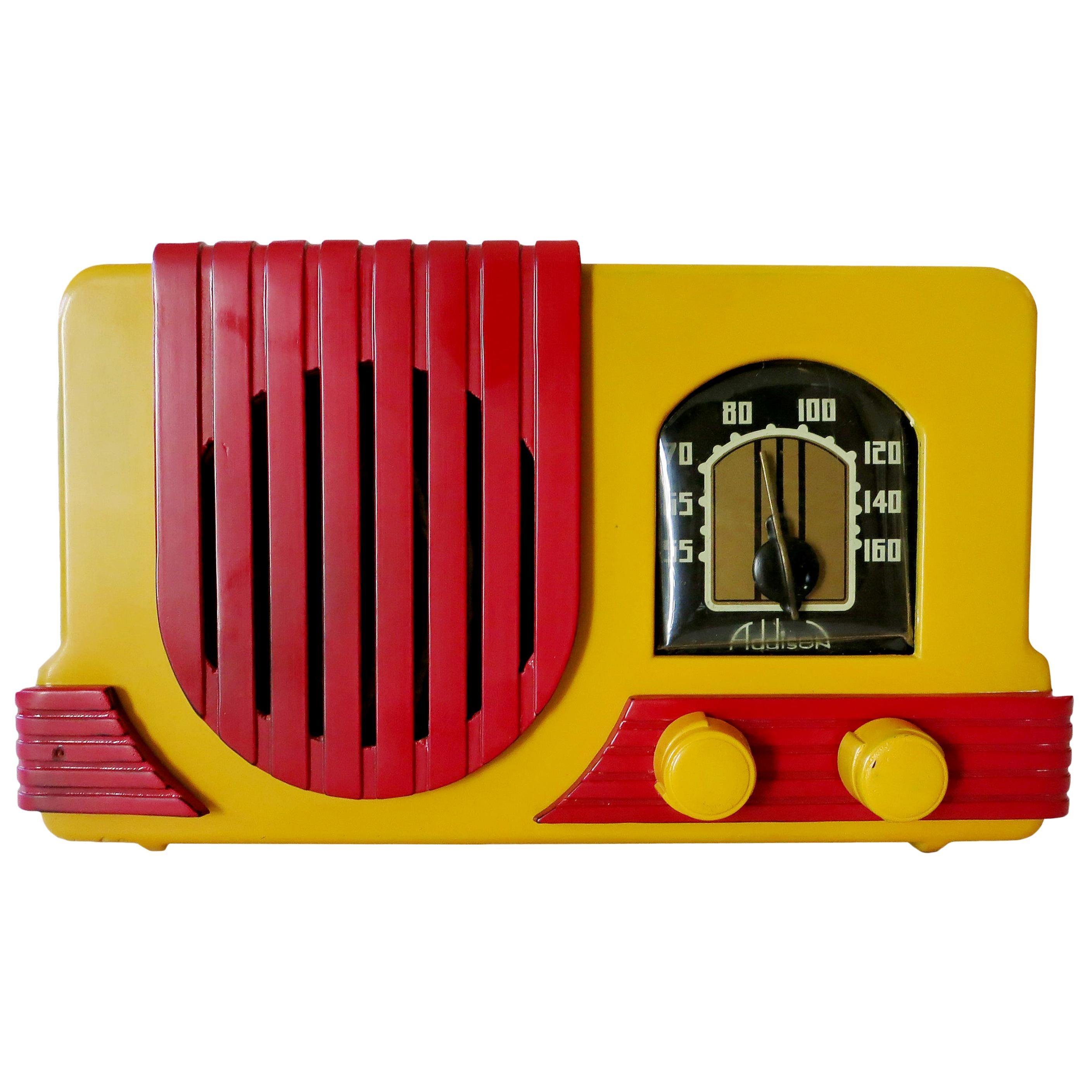 Addison Model Two "Waterfall" Red and Mustard Phenolic Resin Tube Radio