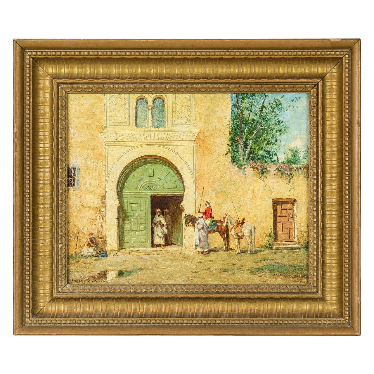 Figurative Painting di Addison Thomas Millar - Dipinto orientalista di Addison Millar "Un cavaliere davanti alla porta verde