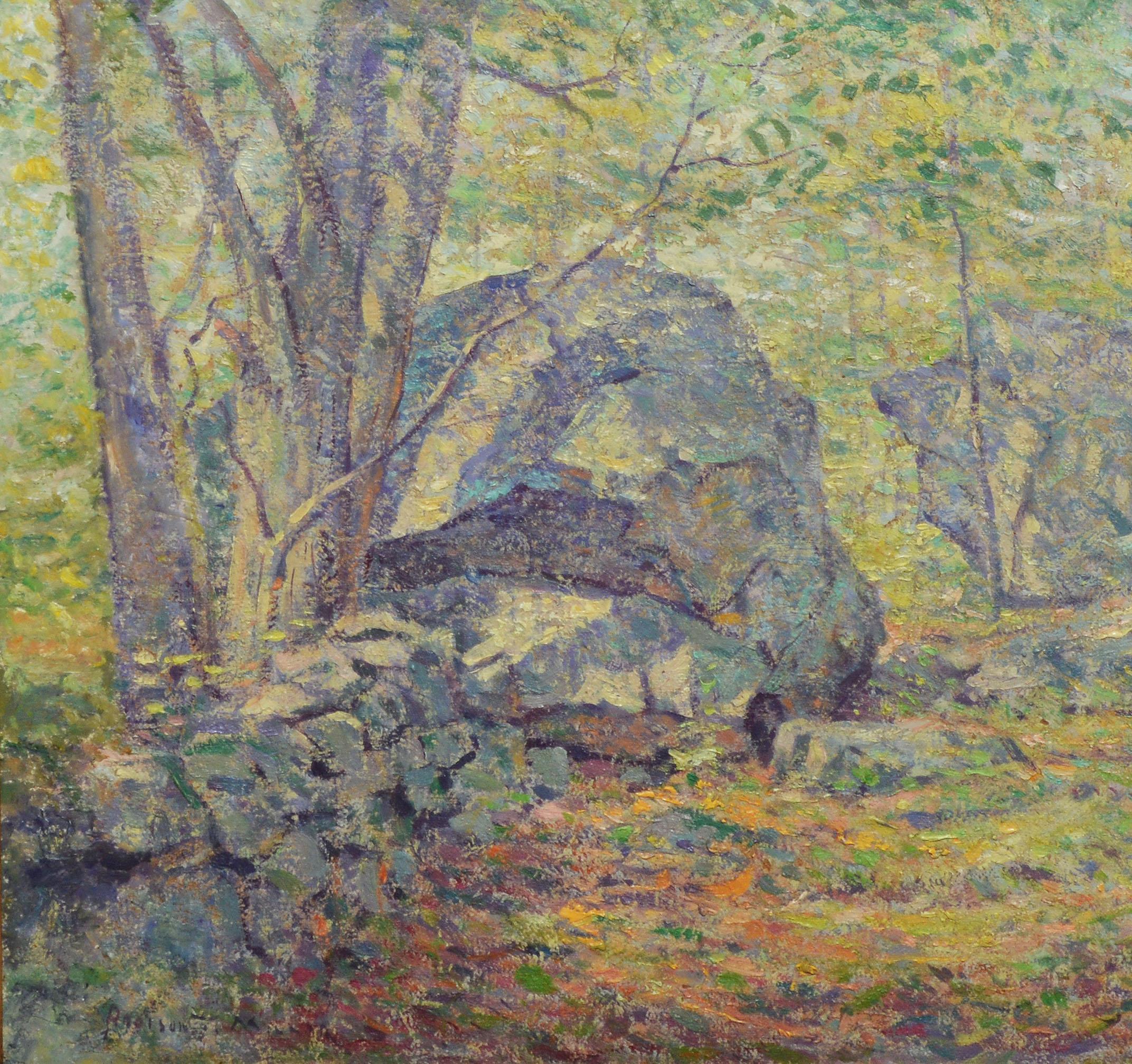 Antique American impressionist painting of a forest interior by Addison Thomas Millar  (1860 - 1913).  Oil on canvas, circa 1900.  Signed.  Displayed in a period giltwood frame.  Image, 24