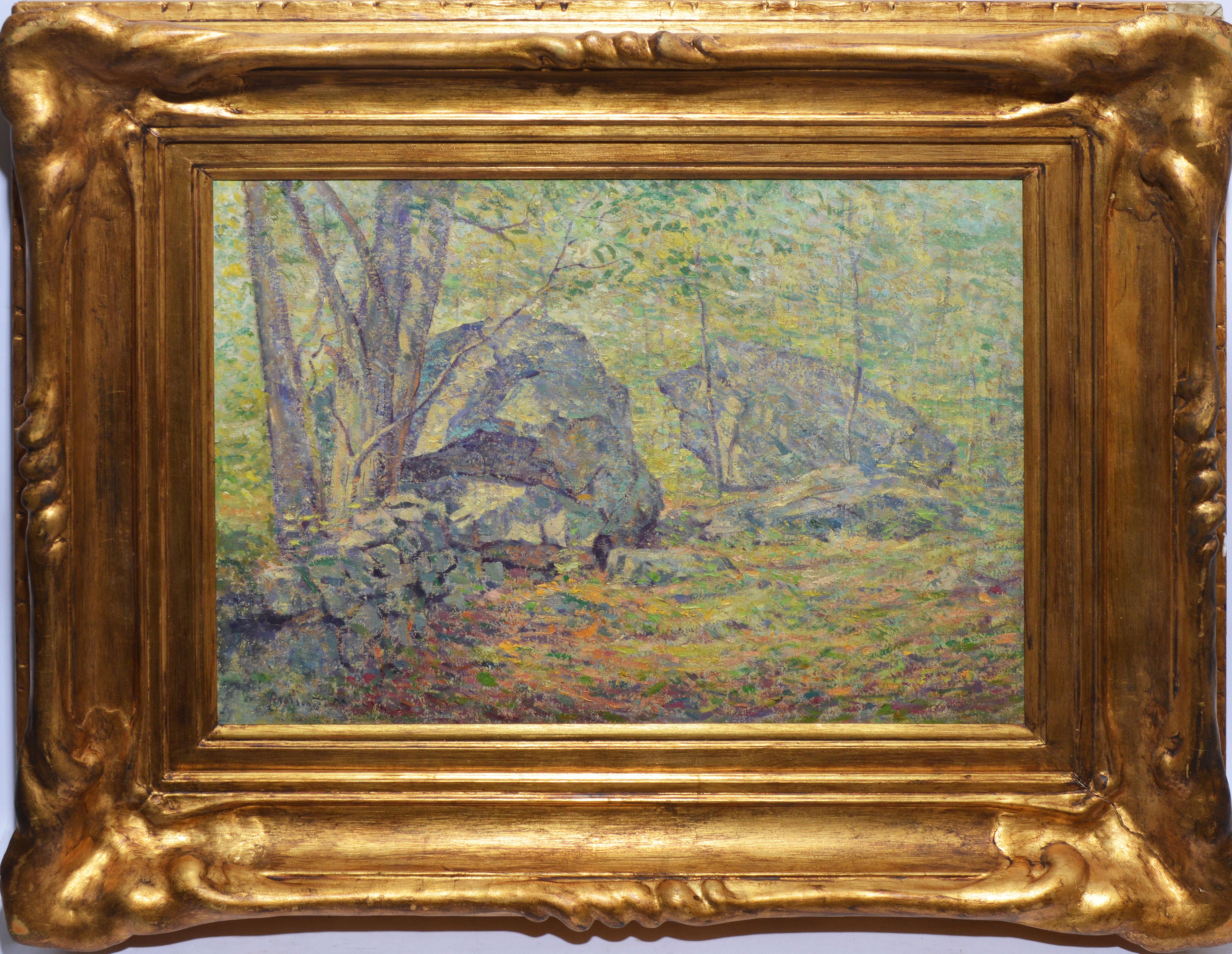 Addison Thomas Millar Landscape Painting - Antique American Pointillist Forest Landscape Oil Painting by Addison T. Millar