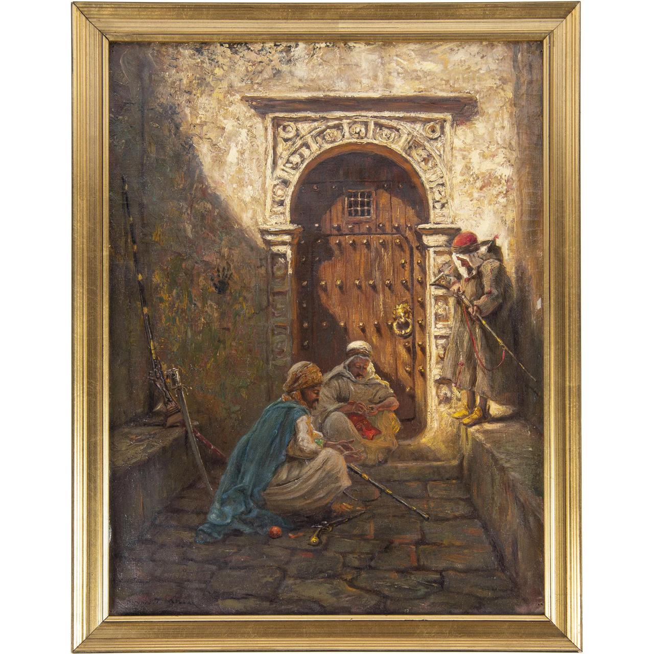 Figurative Painting Addison Thomas Millar - Belle peinture orientaliste intitulée « Guarding the Harem » (Garder la garde) 