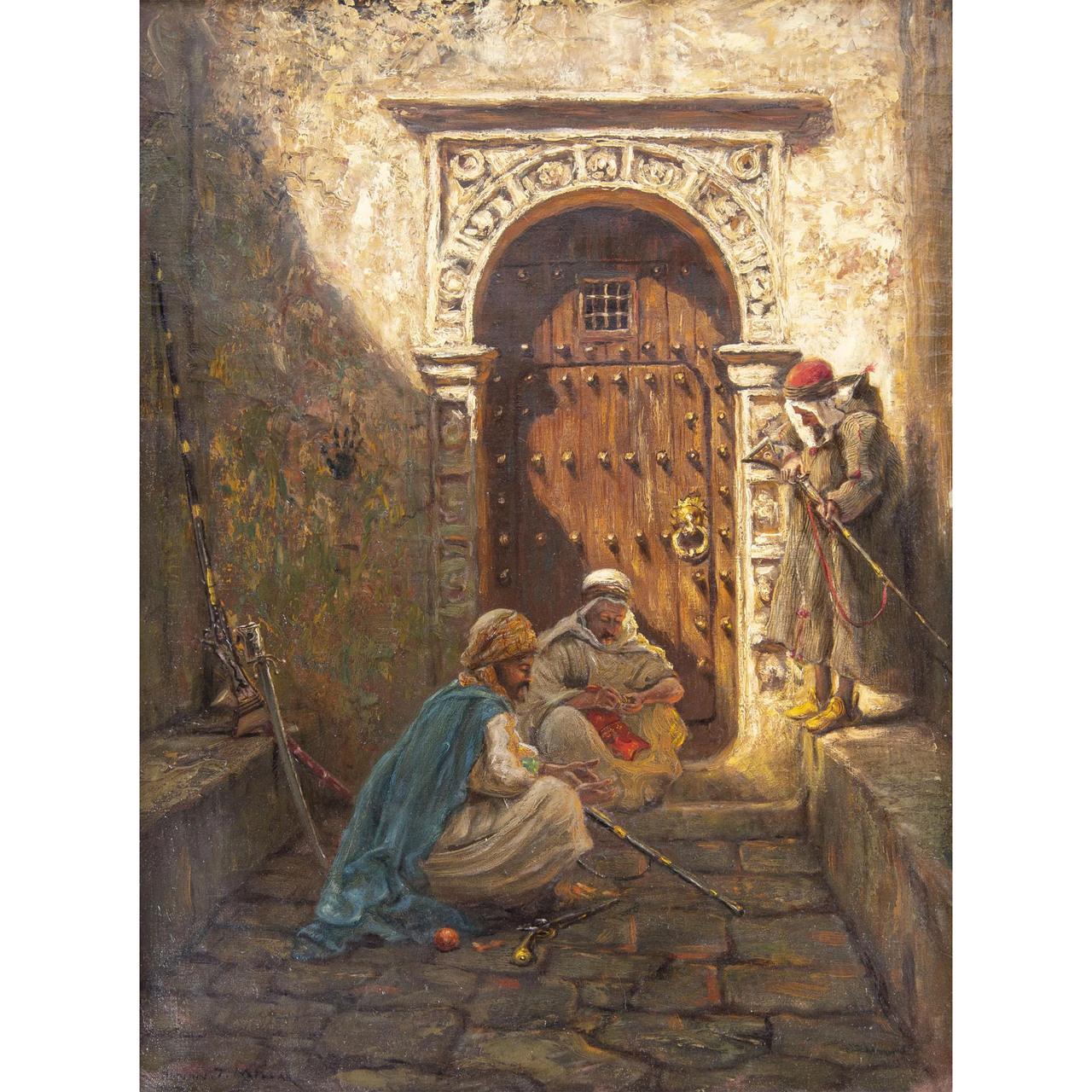 Belle peinture orientaliste intitulée « Guarding the Harem » (Garder la garde)  - Painting de Addison Thomas Millar