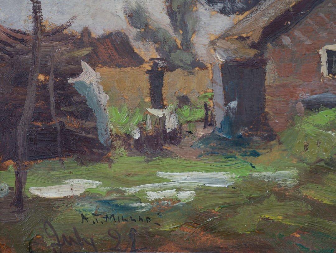 Landscape Scene with Barn and Trees, Late 19th Century, Ohio Artist - Gray Figurative Painting by Addison Thomas Millar
