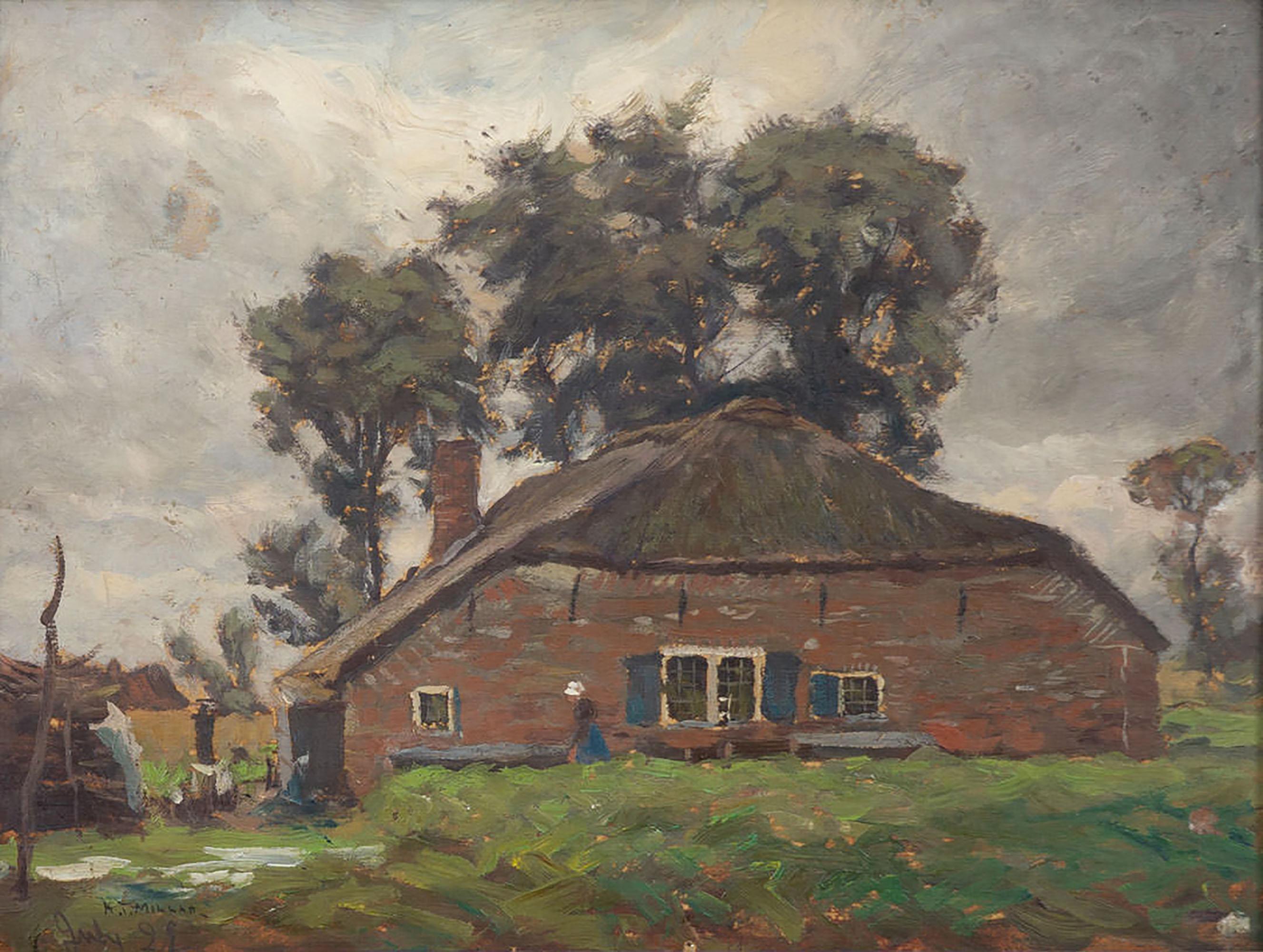 Addison Thomas Millar Figurative Painting – Landschaftssszene mit Scheune und Bäumen, Künstler aus Ohio, spätes 19. Jahrhundert