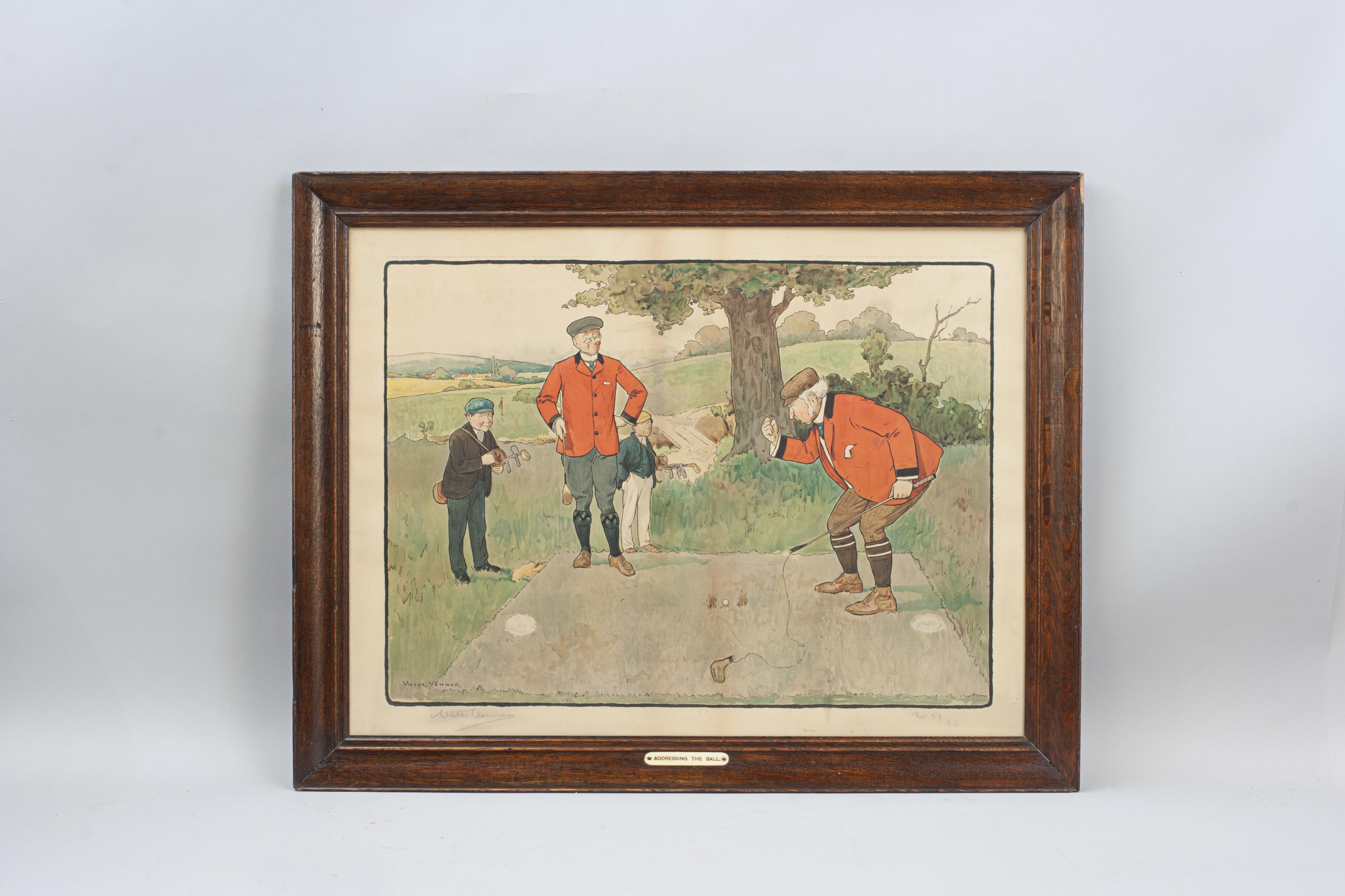 Gravure de golf signée Victor Venner, Addressing The Ball.
Gravure humoristique de Victor Venner sur le thème du golf, encadrée dans un cadre en chêne d'époque avec verre antireflet. Cadre avec étiquette de titre 