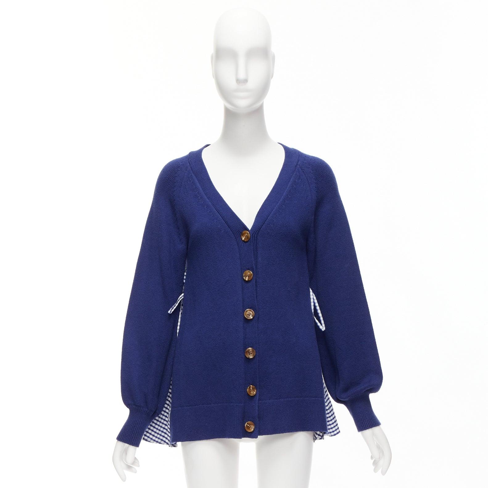 ADEAM blue cotton blend gingham ruffle back side tie cardigan sweater S For Sale 5