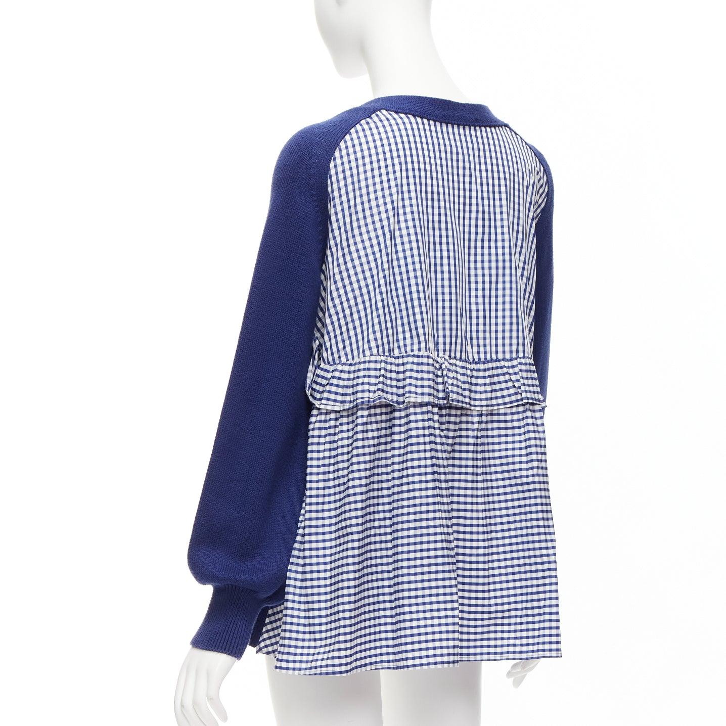 ADEAM blue cotton blend gingham ruffle back side tie cardigan sweater S For Sale 1