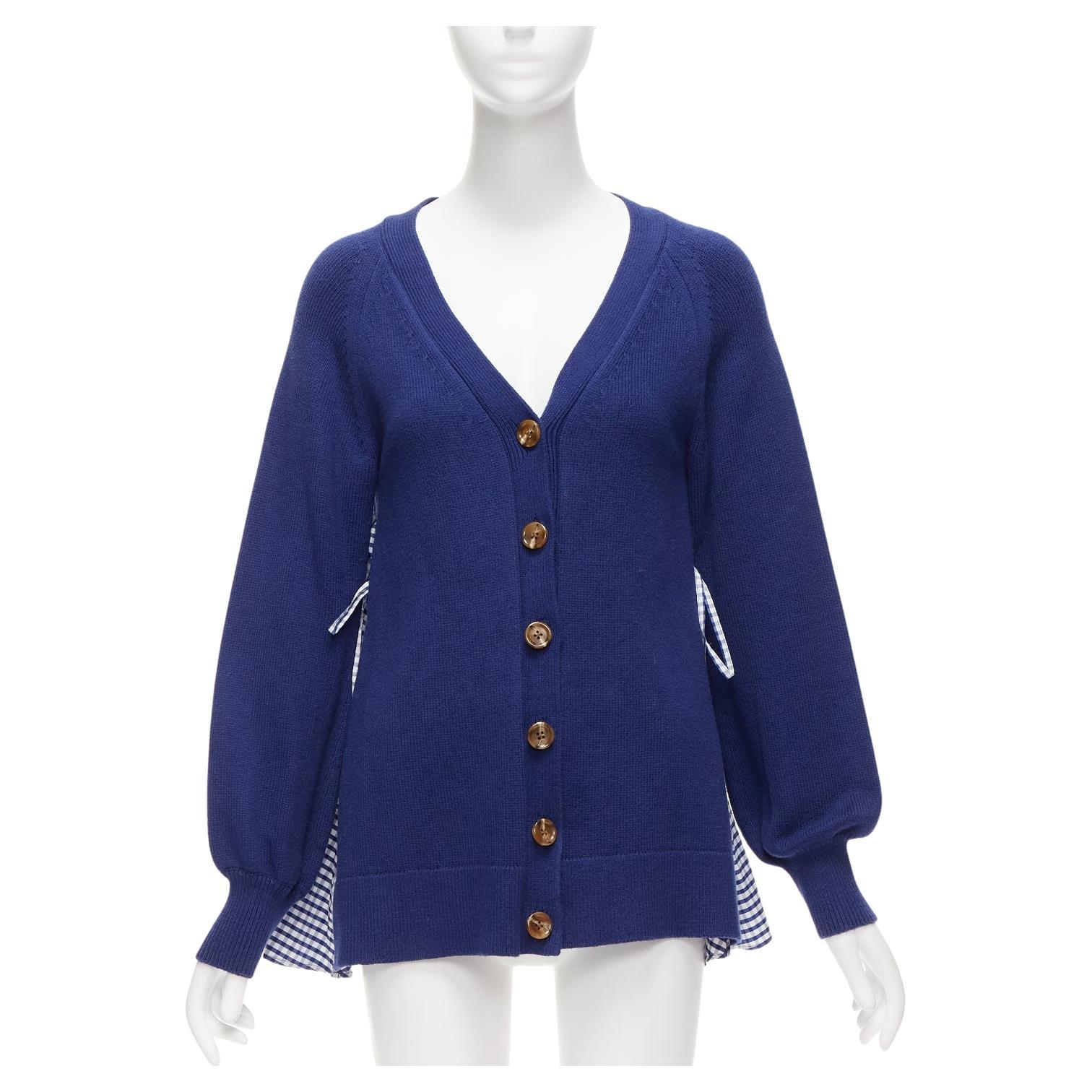 ADEAM blue cotton blend gingham ruffle back side tie cardigan sweater S
