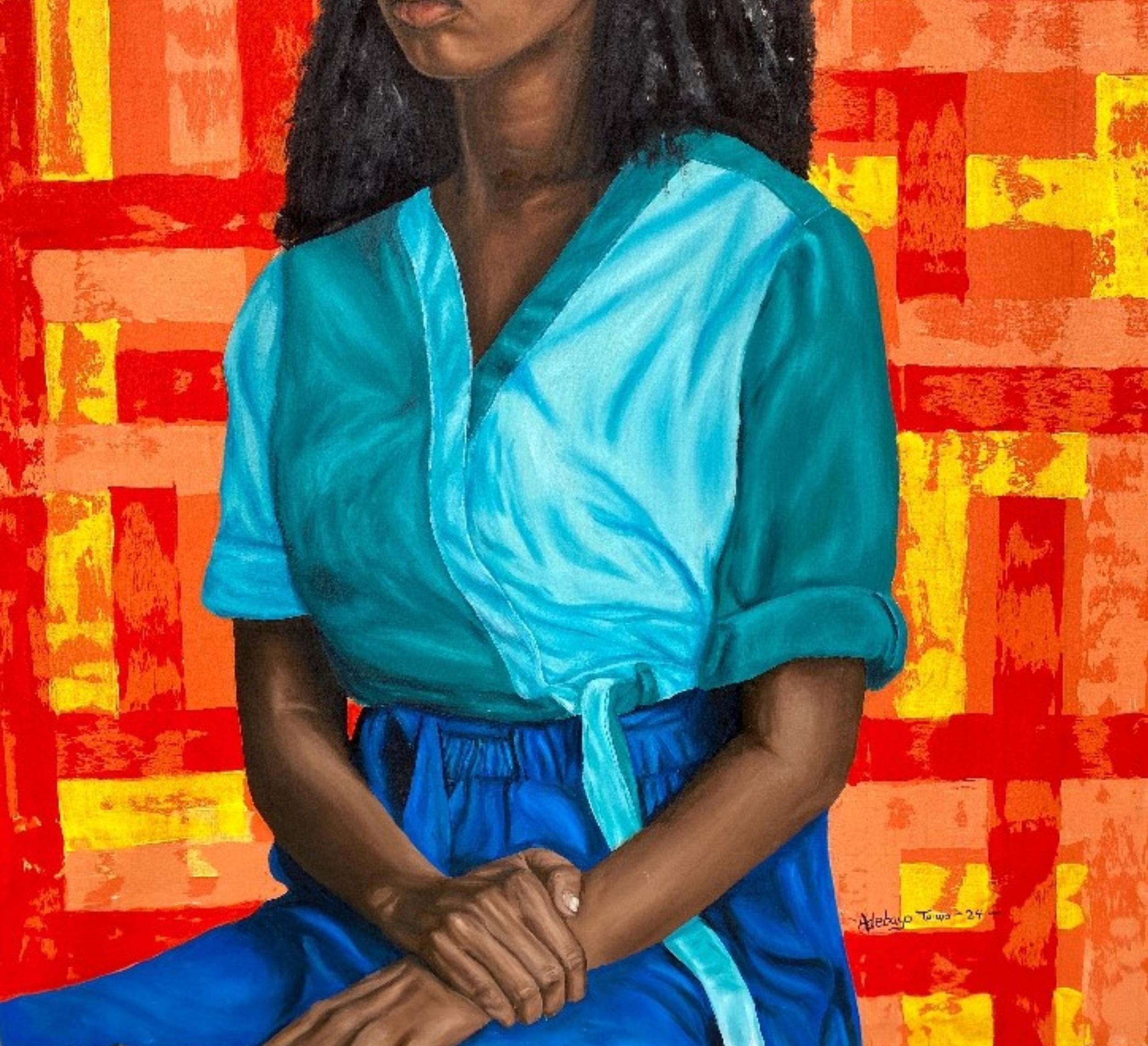 Calm Within - 21. Jahrhundert, Zeitgenössisch, Figuratives Porträt, Frauen, Acryl (Rot), Figurative Painting, von Adebayo Taiwo