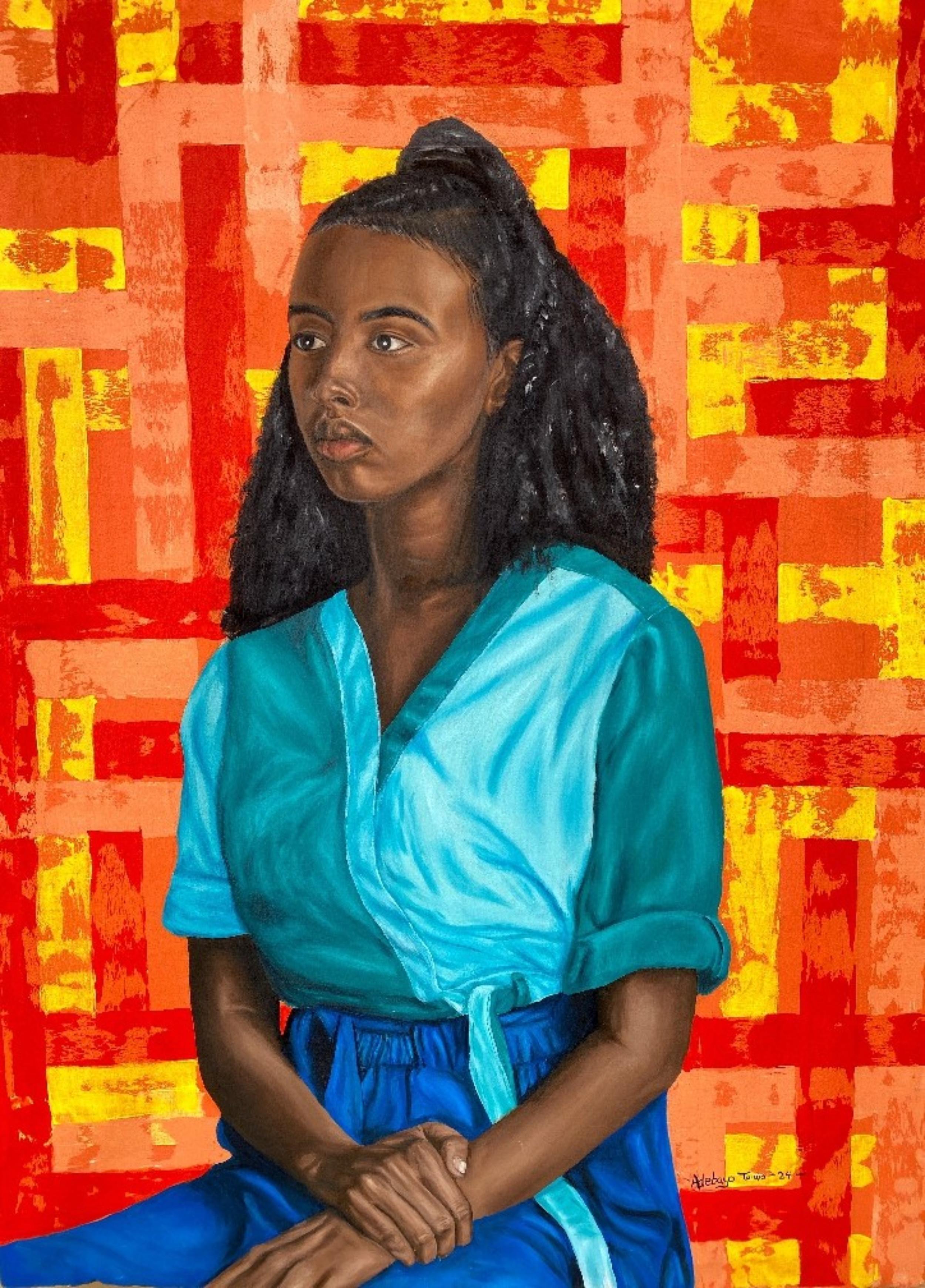 Adebayo Taiwo Figurative Painting – Calm Within - 21. Jahrhundert, Zeitgenössisch, Figuratives Porträt, Frauen, Acryl
