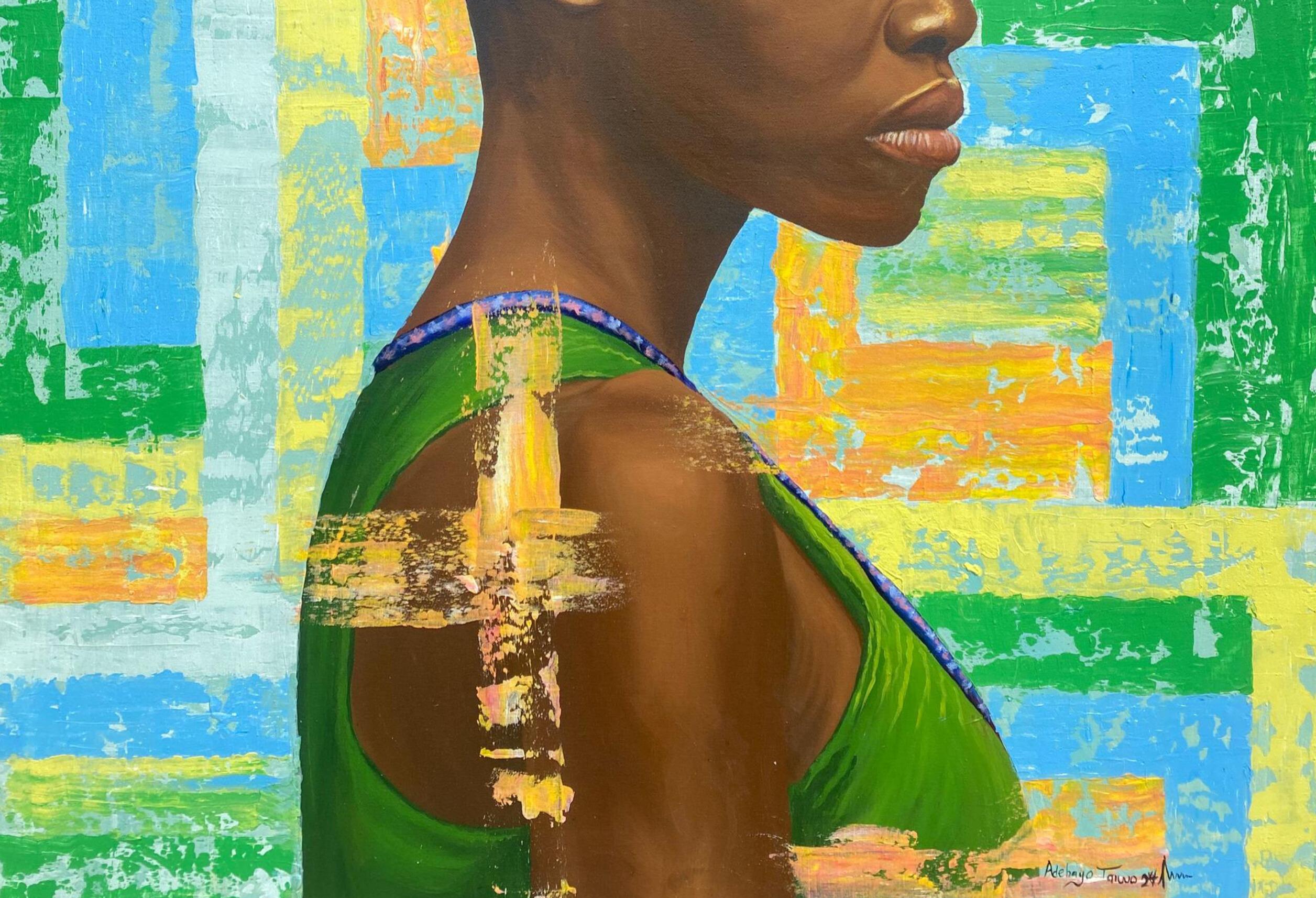 Ìrètí ( Speranza) 2 - XXI secolo, Contemporaneo, Ritratto figurativo, Donne, Africa - Figurative Painting Grigio di Adebayo Taiwo