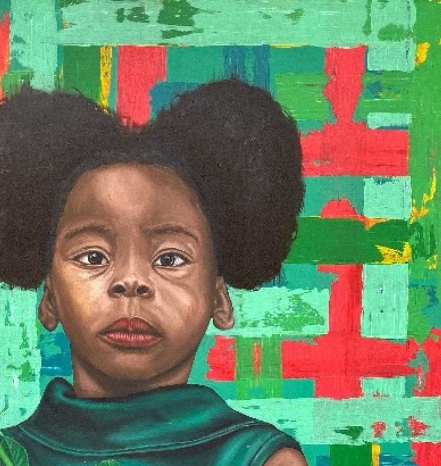 Ricordi che fioriscono - 21° secolo, Contemporaneo, Figurativo, Floreale, Bambini - Portrait Painting Blu di Adebayo Taiwo