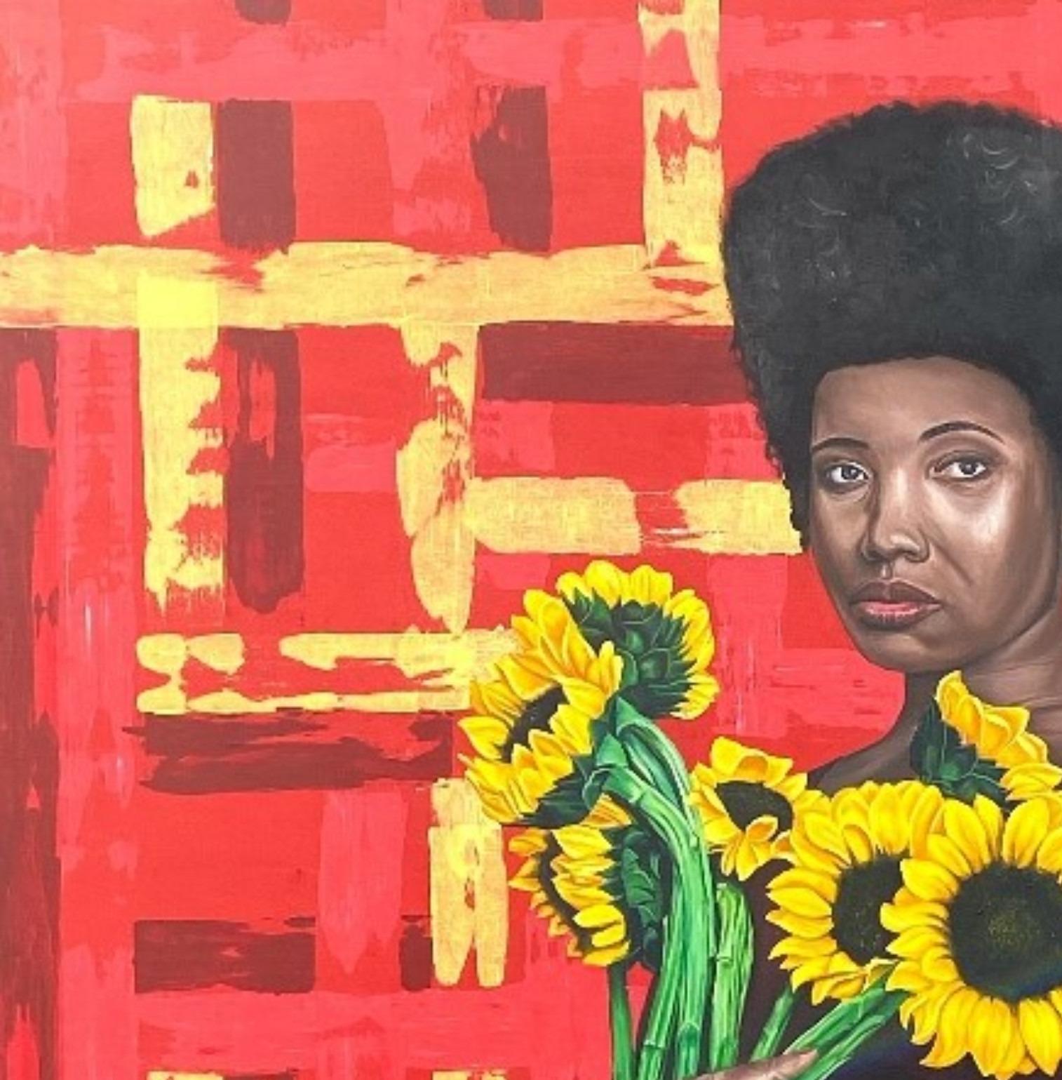 Resilience in Blooms - 21st Century, Contemporary, Figurative, Women, Floral - Painting by Adebayo Taiwo