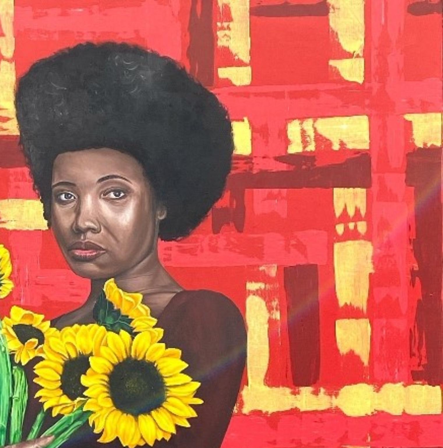 Resilience in Blooms - 21st Century, Contemporary, Figurative, Women, Floral - Red Figurative Painting by Adebayo Taiwo