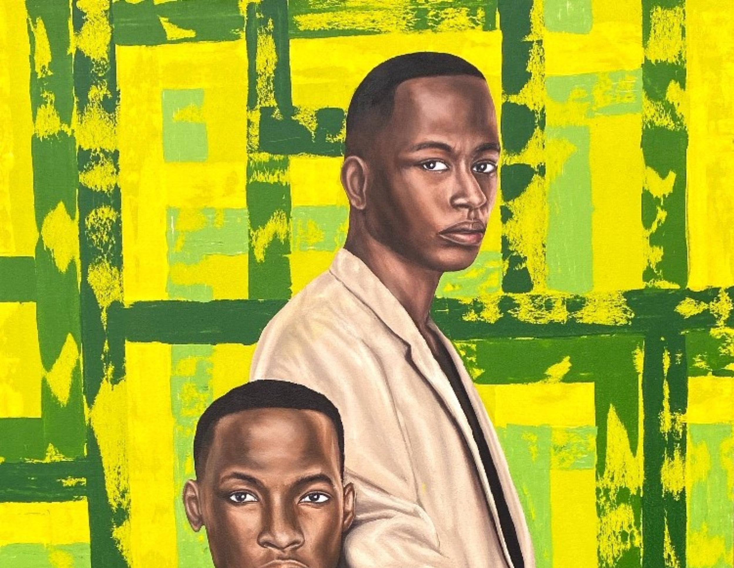 Side By Side -Siglo XXI, Contemporáneo, Retrato Figurativo, Hombres Amor, Acrílico - Painting de Adebayo Taiwo