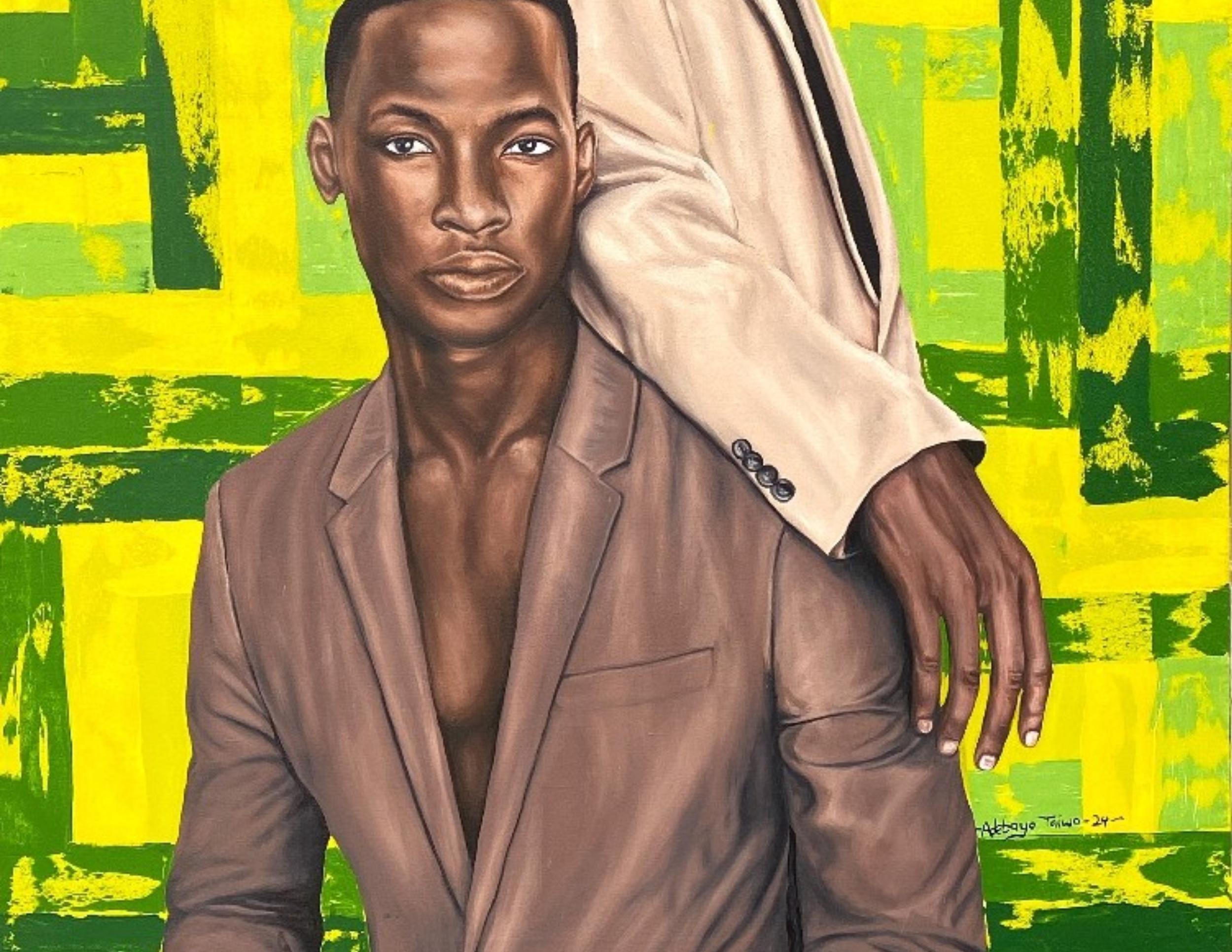Side By Side -Siglo XXI, Contemporáneo, Retrato Figurativo, Hombres Amor, Acrílico - Figurative Painting Marrón de Adebayo Taiwo