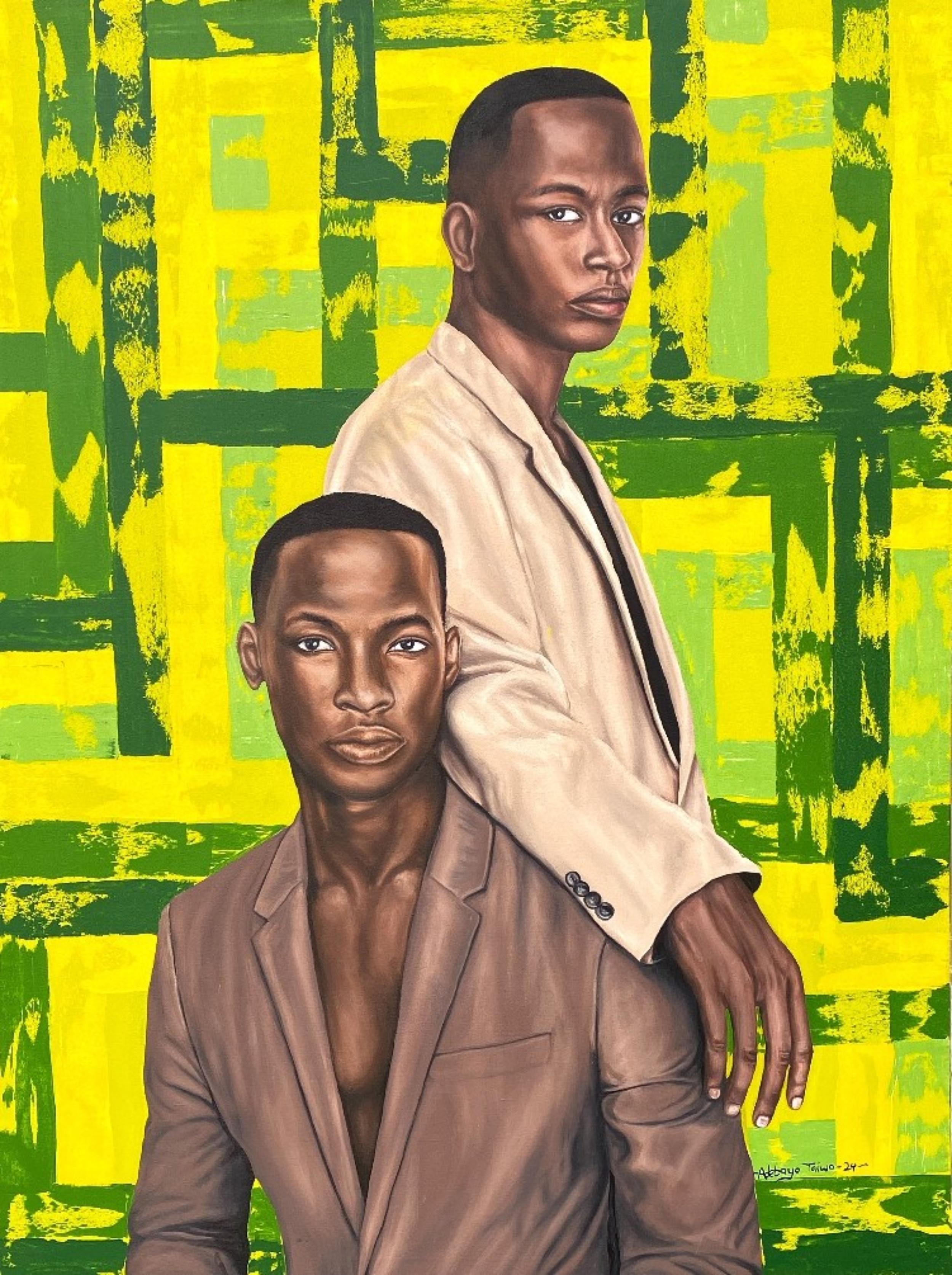 Figurative Painting de Adebayo Taiwo - Side By Side -Siglo XXI, Contemporáneo, Retrato Figurativo, Hombres Amor, Acrílico