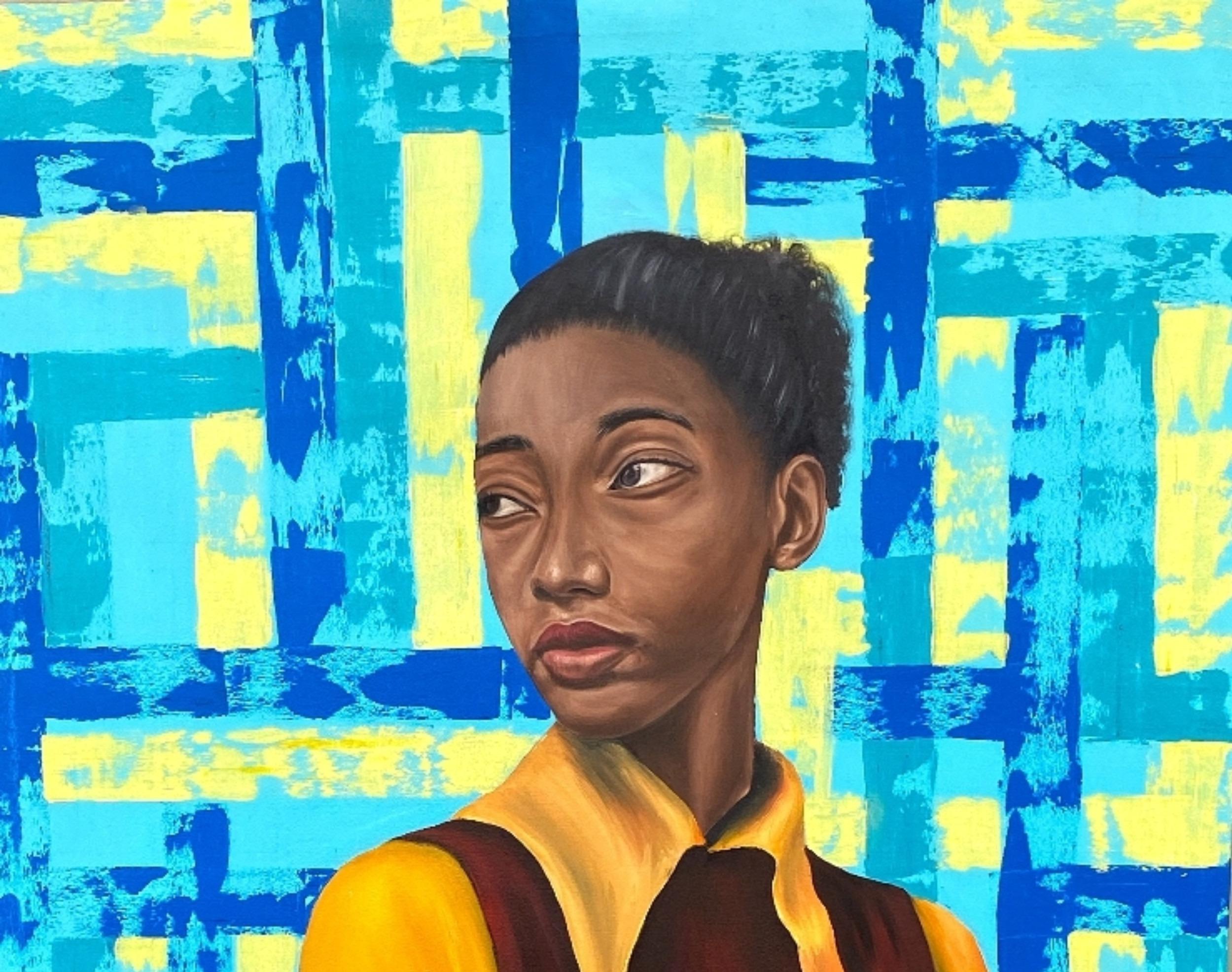 Solace - 21st Century, Contemporary, Figurative Portrait, Women, Acrylic, Blue - Painting by Adebayo Taiwo