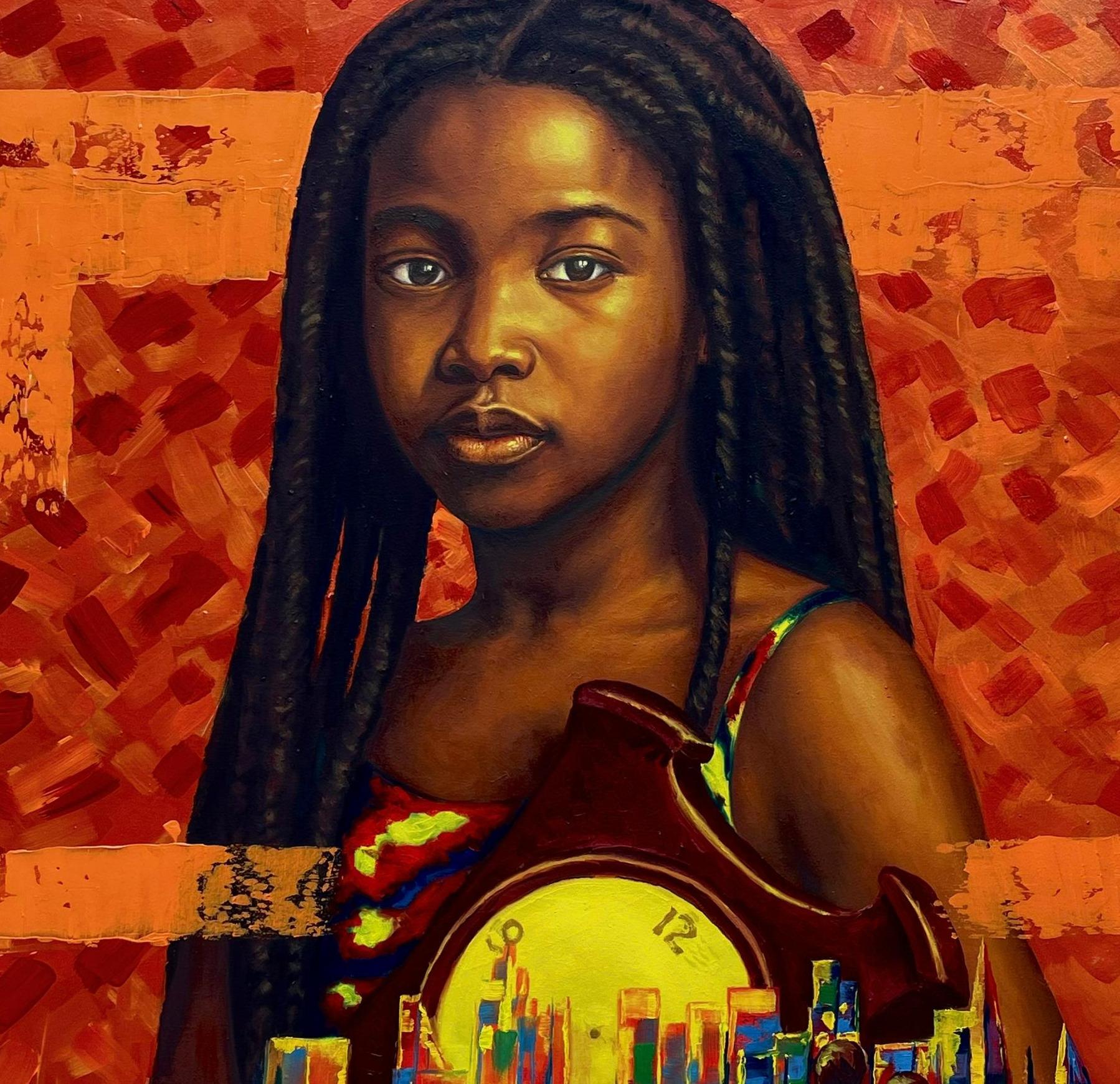 This piece reflects the quiet tension of living in a world obsessed with results, yet disconnected from rhythm. The absence of clock hands is deliberate — a metaphor for divine timing that cannot be rushed. The children below, walking into a city of