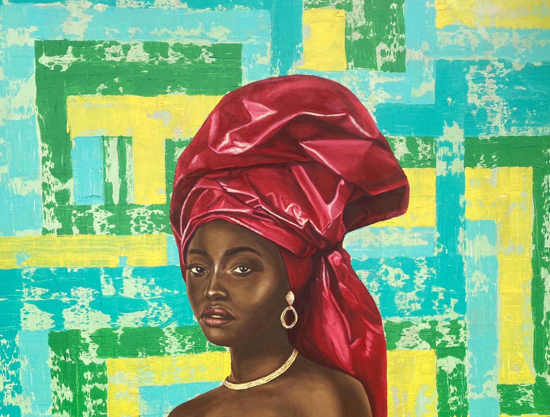 Falten und Seide -21. Jahrhundert, Zeitgenössisch, Figuratives Portrait, Afrika Frauen – Painting von Adebayo Taiwo
