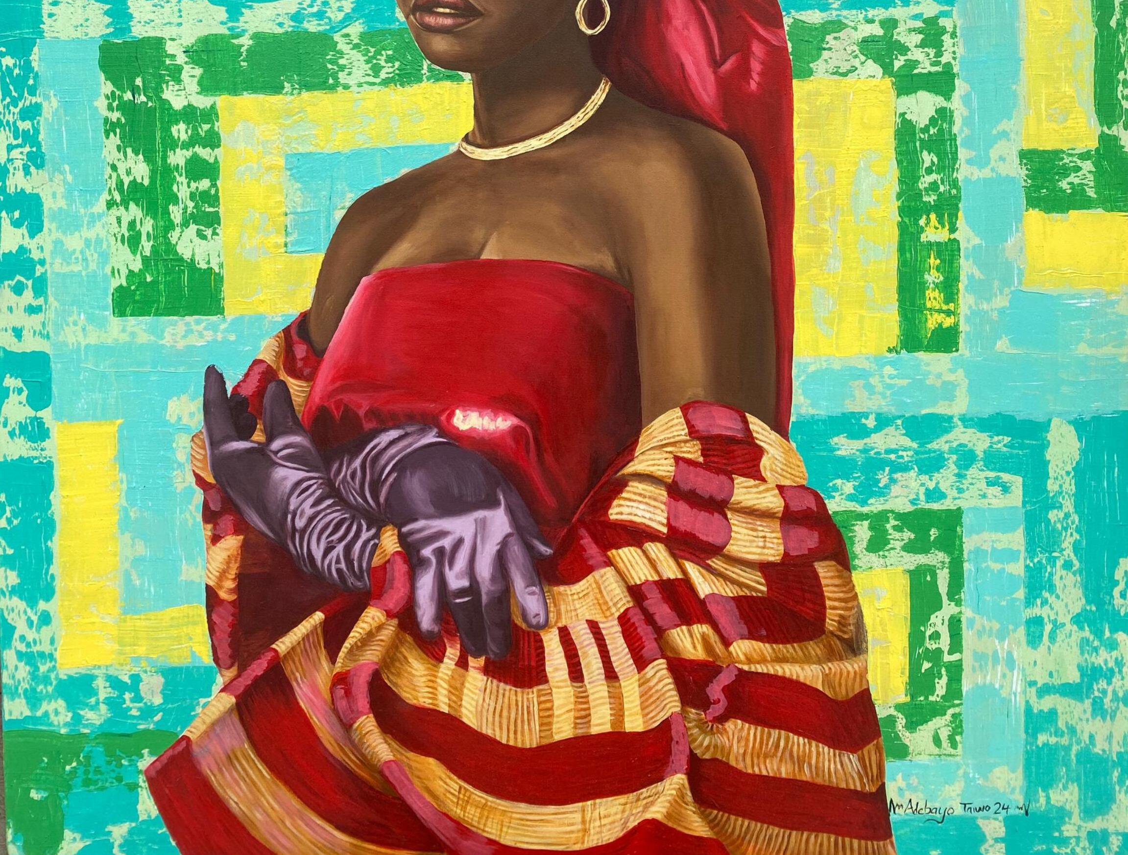 Falten und Seide -21. Jahrhundert, Zeitgenössisch, Figuratives Portrait, Afrika Frauen (Grün), Portrait Painting, von Adebayo Taiwo