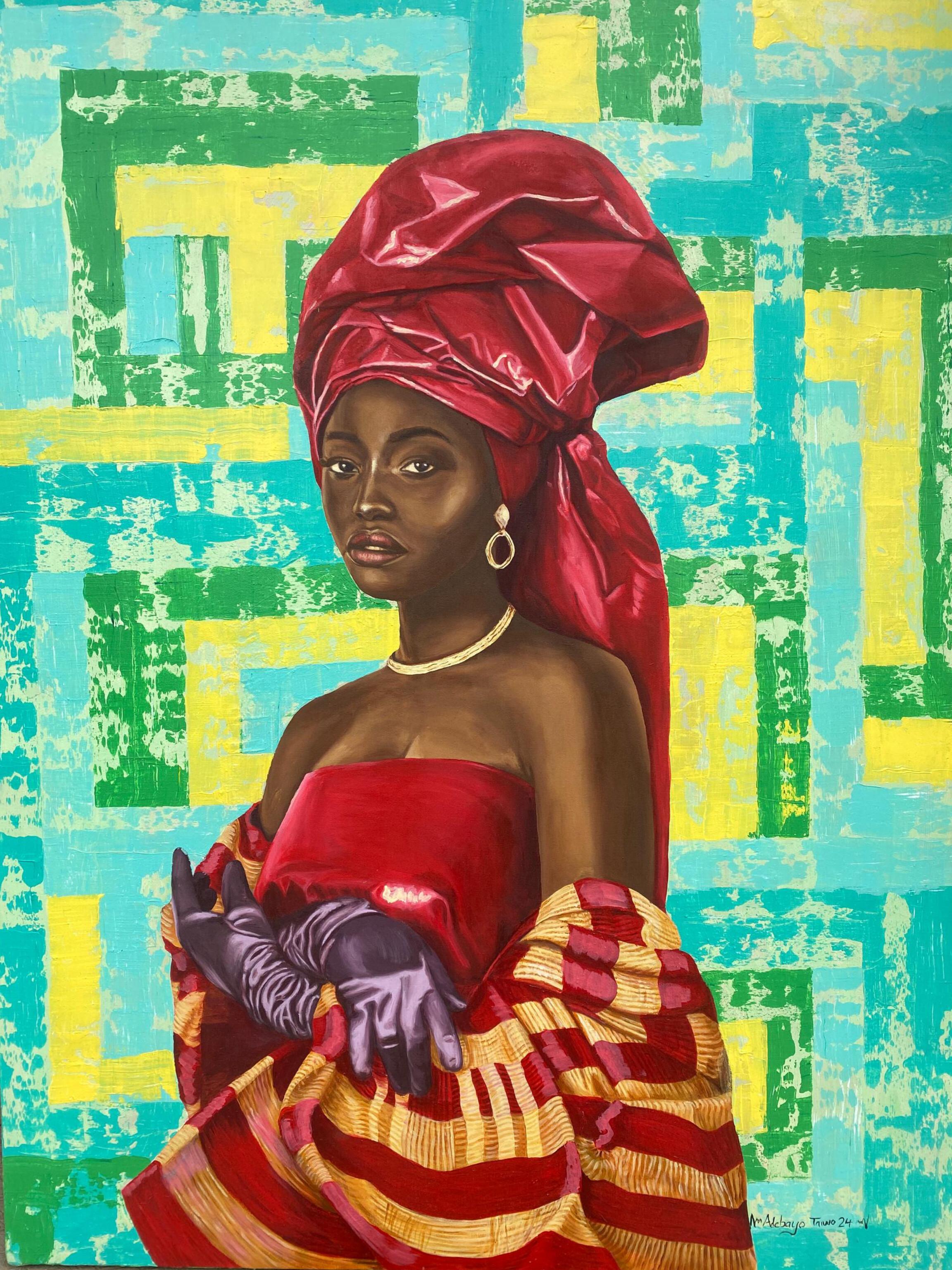 Adebayo Taiwo Portrait Painting – Falten und Seide -21. Jahrhundert, Zeitgenössisch, Figuratives Portrait, Afrika Frauen