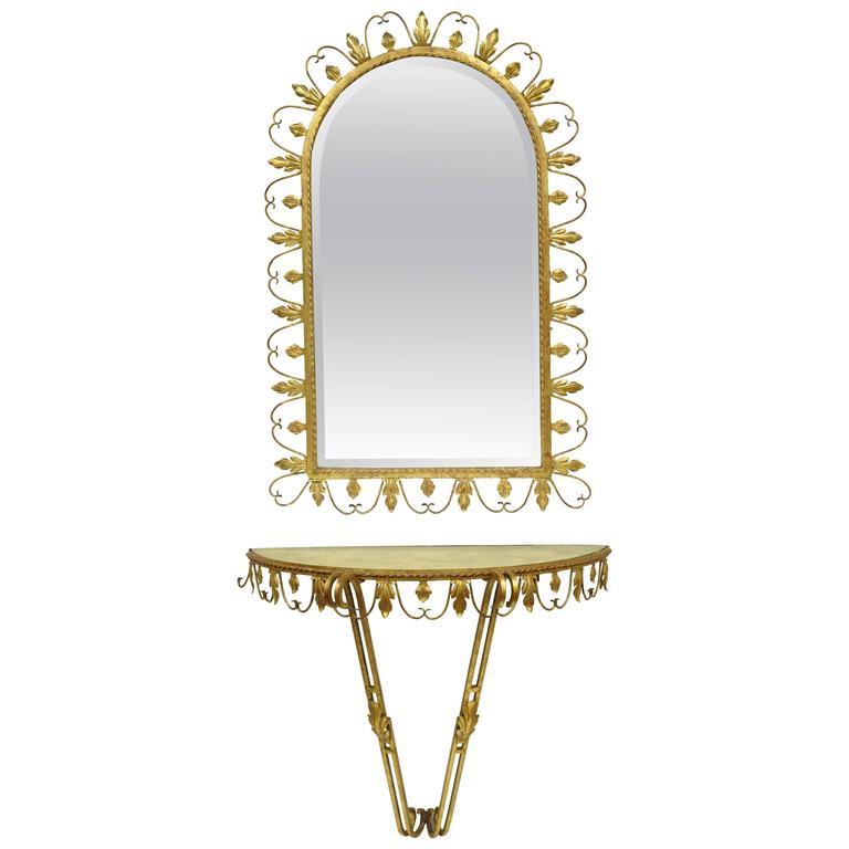 Adeco Italian Hollywood Regency Gold Gilt Metal Iron Mirror & Small Wall Console 6